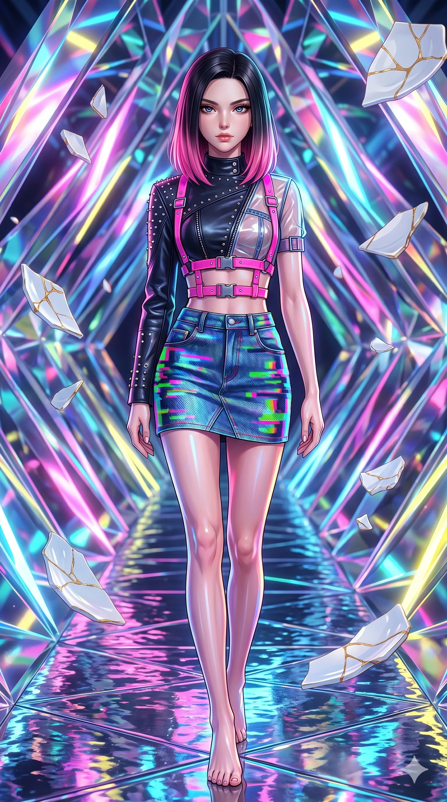 score_9, masterpiece, best quality, ultra-detailed, high-budget anime keyframe, editorial fashion photography, tasteful artistic composition, Caucasian woman, strictly human ears. upper body close-up from the thighs up, character filling the screen for maximum presence. stepping gracefully onto through a kaleidoscope tunnel made of shifting diamond prisms as shards of porcelain and gold kintsugi float in suspension. She has an absolutely perfect 8-heads proportion, an exceptionally tall and slender female figure with impossibly long slender legs and an ultra-slim waist. V-shaped jawline, high-bridge nose, intricate jewel-like eyes with depth, thick eyelashes, glossy lips with a natural sheen.. wearing a glitch denim and studded leather outfit, featuring an RGB glitch pattern denim structured mini-skirt, a single-sleeve cropped leather jacket, and neon pink harness straps. illuminated by the brilliant neon reflections bouncing off wet surfaces, emphasizing her skin tone. 2k, ultra detail, master piece, 9:16 ratio