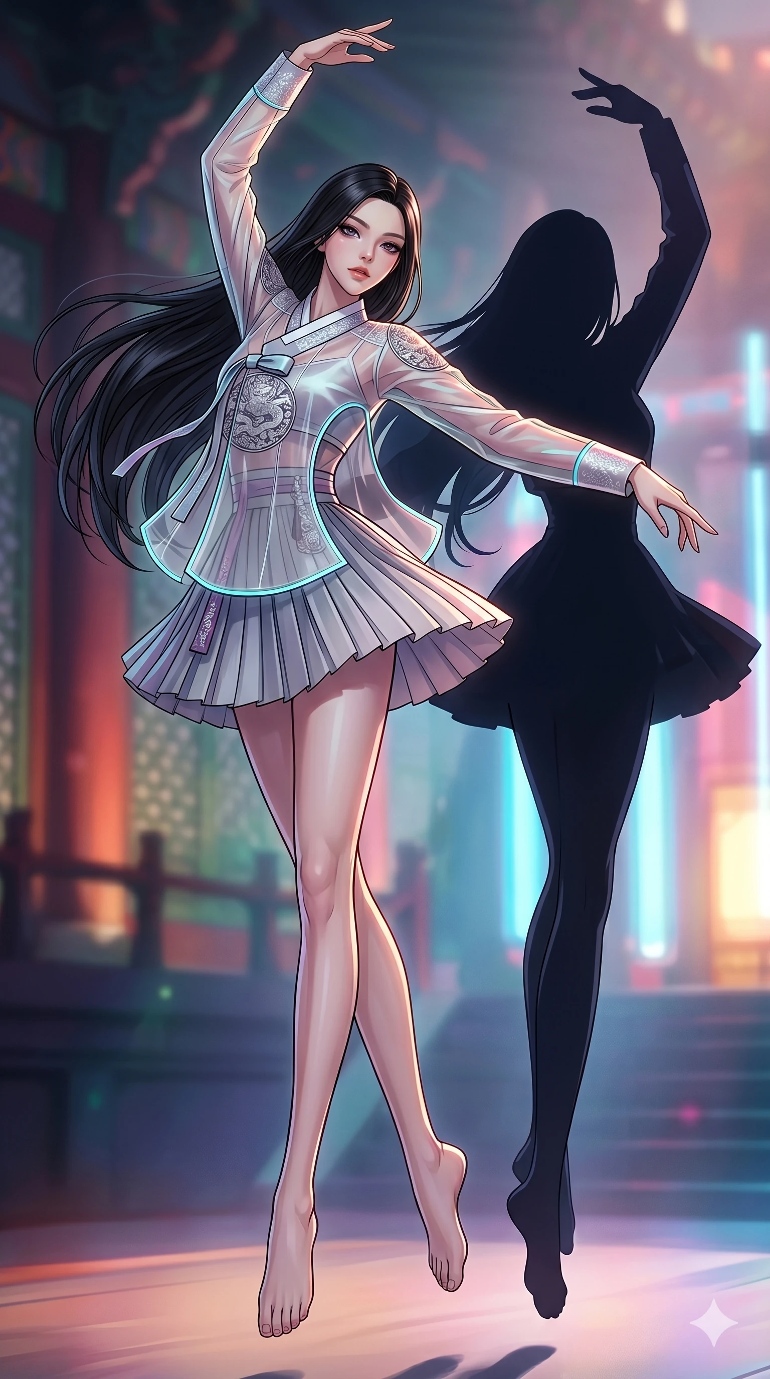 score_9, masterpiece, best quality, ultra-detailed, high-budget anime movie keyframe, cinematic anime lighting, intricate line art, Korean woman. Dynamic full-body shot stretching the vertical silhouette with extreme perspective. dancing with her own shadow which has come to life and mimics her. She has an absolutely perfect 8-heads proportion, an exceptionally tall and slender female figure with an ultra-slim waist and impossibly long slender legs. strictly human anatomy, two legs only, no extra limbs, clearly defined legs and arms, perfect anatomy, perfect hands and fingers. sharp v-shaped jawline, high-bridge nose, intricate jewel-like eyes, thick eyelashes, glossy lips. Wearing Modern Traditional: Shortened cyber-hanbok with fusion silk robes and transparent panels. The scene is illuminated by dramatic atmospheric lighting and vibrant color palettes. , 2k, ultra detail, master piece, 9:16 ratio