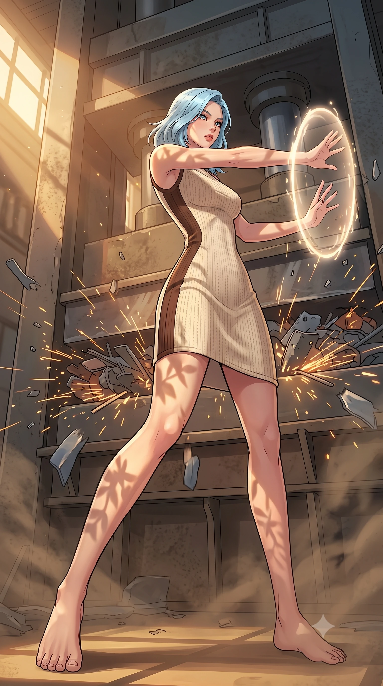 score_9, masterpiece, best quality, ultra-detailed, high-budget anime keyframe, clean line-art, cel-shading, Korean woman. low angle full-body shot from head to toe showing her feet, filling the entire 9:16 vertical frame with her statuesque presence, stretching her vertical silhouette. dodging backward with feline agility while casting an energy barrier through inside a industrial scrap press, massive hydraulic plates slowly closing and sparking as metal scraps crush. She has a statuesque 8.5-heads proportion, an exceptionally tall, slender and willowy model-like build with impossibly long legs and a highly sculpted ultra-slim waist. sharp v-shaped jawline, high-bridge nose, intricate jewel-like eyes with depth, thick eyelashes, glossy lips with a natural sheen. wearing tailored for maximum mobility, sleek form-contouring panels that allow fluid movement, a body-hugging knitted body-mapping dress in cream with chocolate brown side panels that create an optical waist-narrowing effect. warm golden afternoon sunbeams casting soft organic leaf shadows across her skin. highly saturated vibrant anime colors, intense vivid color palette, volumetric dynamic lighting, 2k, ultra detail, master piece, 9:16 ratio