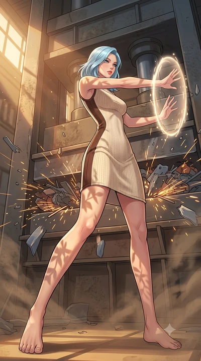 score_9, masterpiece, best quality, ultra-detailed, high-budget anime keyframe, clean line-art, cel-shading, Korean woman. low angle full-body shot from head to toe showing her feet, filling the entire 9:16 vertical frame with her statuesque presence