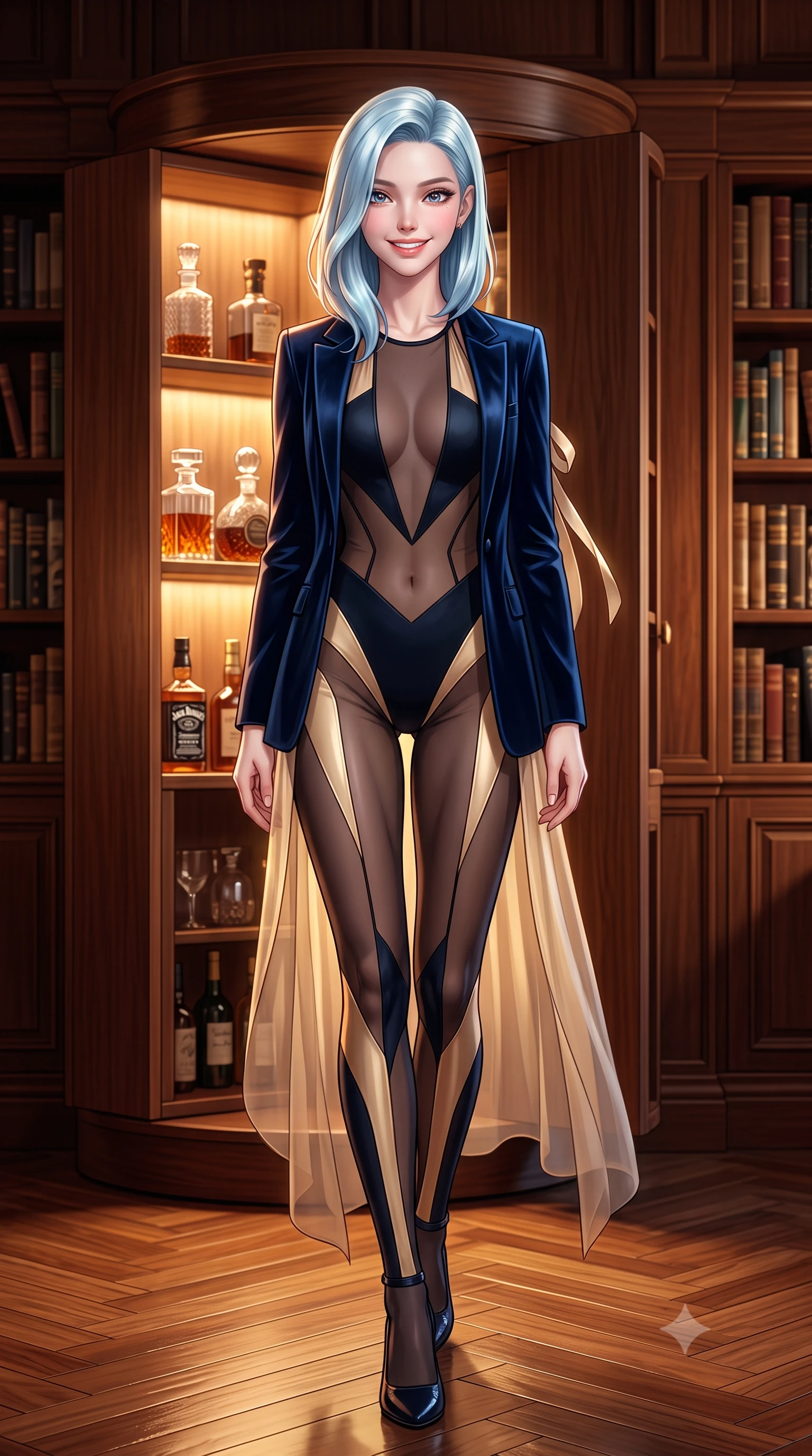 score_9, masterpiece, best quality, ultra-detailed, high-budget anime keyframe, semi-realistic 3D game render, editorial fashion photography, tasteful artistic composition, Korean woman. low angle full-body shot from head to toe showing her feet, filling the entire 9:16 vertical frame with her statuesque presence, stretching her vertical silhouette. stepping forward in a confident stride, her long slender legs and curvaceous hips creating a dynamic, sweeping vertical line while standing poised beside the secret revolving bookcase entrance revealing illuminated crystal liquor decanters, arching her lower back with seductive dark-academia allure. The surrounding environment is rendered in vivid detail and crisp panoramic clarity: detailed tailored liquid velvet smoking blazer unbuttoned over sheer noir mesh underwire bodysuit, and master joinery in razor-sharp precision. She has an exceptionally tall and slender model-like 8.5-heads proportion, an ultra-slim waist, a flat toned midriff, narrow delicate ribcage, and beautifully sculpted feminine hips creating a graceful, slim hourglass silhouette without any bulky heaviness, with impossibly long slender legs. sharp v-shaped jawline, high-bridge nose, intricate jewel-like sparkling eyes with depth, thick eyelashes, glossy parted lips with a natural peach sheen, bright cheerful beaming smile with an enchanting and coquettish sensual glint, exuding both youthful cute charm and seductive allure, flawlessly proportioned anatomical accuracy, strict slender model proportions, natural body alignment, perfectly sculpted long slender limbs, ultra-slim waistline, clean dynamic posture without body distortion. wearing a provocative backless sheer illusion halter catsuit with strategic opaque geometric panels hugging her hourglass waist in deep midnight obsidian black and liquid champagne gold, made of sheer gossamer chiffon that drapes softly against skin with airy translucence, finished with satin ribbon ties at the shoulders fluttering in the gentle breeze, the high-slit wrap tailoring accentuating her ultra-slim waistline and the enchanting curve of her feminine hips with alluring seductive charm. illuminated by polished parquet reflection bounce and sharp champagne-gold rim lights defining her dewy collarbones, ultra-slim waist, and curvy hips. highly saturated vibrant anime colors, detailed shading with soft gradients, rich glossy textures, high-contrast stereoscopic depth, volumetric dynamic lighting, master piece, 9:16 ratio