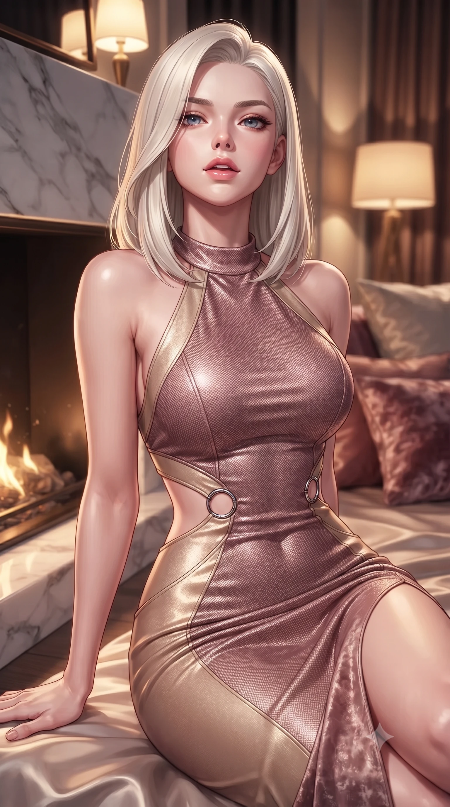score_9, masterpiece, best quality, ultra-detailed, high-budget anime keyframe, editorial fashion photography, tasteful artistic composition, Caucasian woman. close-up cowboy shot from the waist and thighs up, the character dominates the composition, filling the frame with her large presence, background elements kept in soft focus. Tilting her chin up slightly with lips parted in a magnetic, composed expression resting near a sleek marble fireplace emitting soft golden hearth embers, rich silk sheets and crushed velvet cushions reflecting warm ambient lamps. She has an exceptionally elegant, slender, and willowy female figure with an ultra-slim waist, a gracefully sculpted slender torso, and a refined silhouette. sharp v-shaped jawline, high-bridge nose, intricate jewel-like eyes with depth, thick eyelashes, glossy lips with a natural sheen. wearing a velvet halter-neck midi dress following her form like a glove in dusty rose and champagne gold, made of fine carbon-fiber weave and soft matte leather, accented with delicate chrome ring hardware framing her waist, the glove-like fit emphasizing her statuesque silhouette. surrounded by a cozy, intimate glow with smooth high-contrast shading. highly saturated vibrant anime colors, detailed shading with soft gradients, rich glossy textures, high-contrast stereoscopic depth, volumetric dynamic lighting, master piece, 9:16 ratio