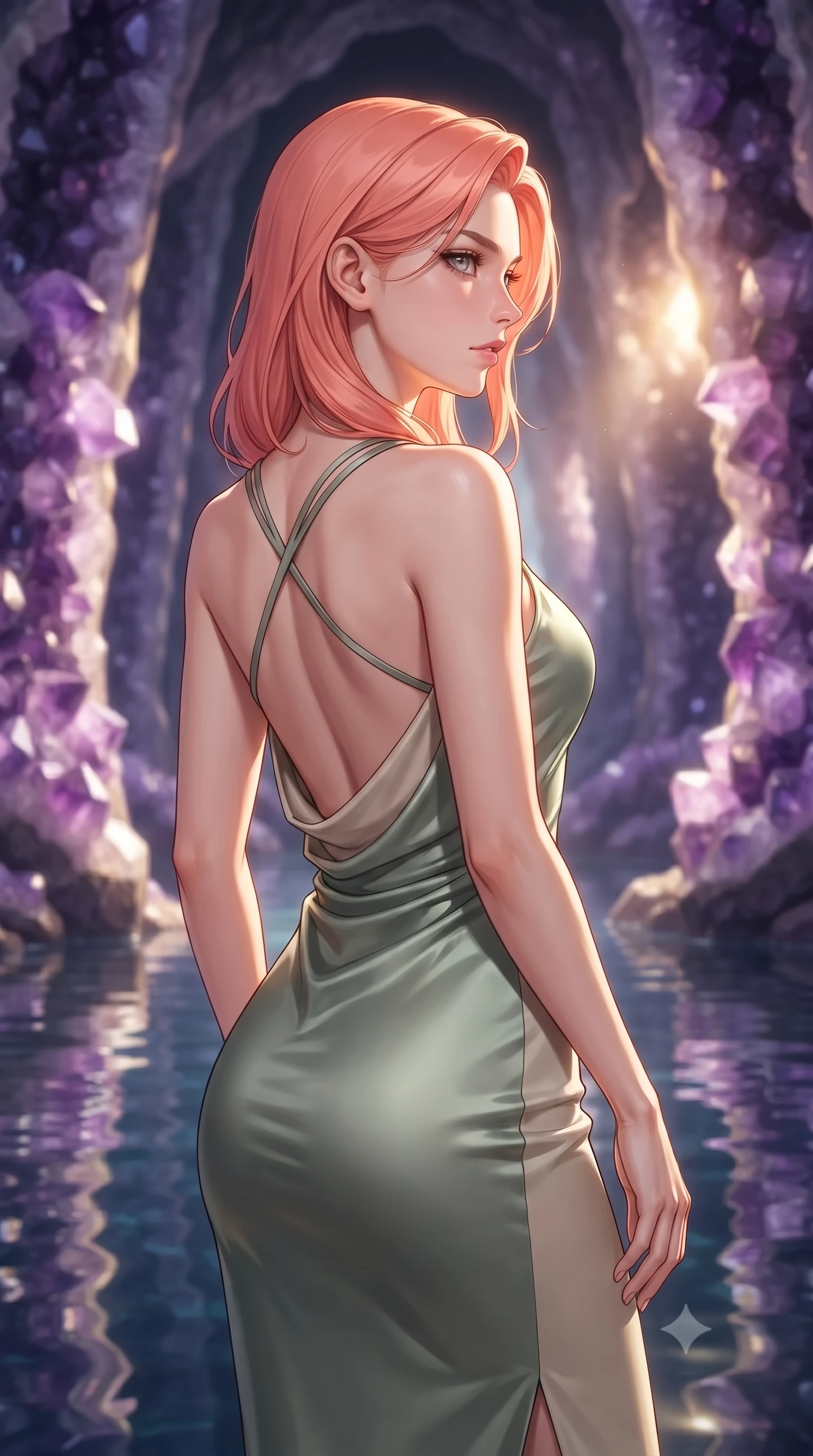 score_9, masterpiece, best quality, ultra-detailed, high-budget anime keyframe, editorial fashion photography, tasteful artistic composition, Japanese woman. close-up cowboy shot from the waist and thighs up, the character dominates the composition, filling the frame with her large presence, background elements kept in soft focus. Turning her face in sharp dramatic profile against the bright light, showcasing her sharp v-shaped jawline standing inside a breathtaking cavern lined with massive amethyst geode pillars, still mirror-like water below reflecting her statuesque figure flawlessly. She has an exceptionally elegant, slender, and willowy female figure with an ultra-slim waist, a gracefully sculpted slender torso, and a refined silhouette. sharp v-shaped jawline, high-bridge nose, intricate jewel-like eyes with depth, thick eyelashes, glossy lips with a natural sheen. wearing a precision-fitted liquid jersey bodycon dress with a draped back in sage green and oatmeal, crafted from lustrous satin jersey with fluid draping, complemented by criss-cross back straps highlighting her bare shoulders, the form-contouring material highlighting her ultra-slim waist and long lines. lit by warm golden sunlight colliding with cool violet crystal illumination. highly saturated vibrant anime colors, detailed shading with soft gradients, rich glossy textures, high-contrast stereoscopic depth, volumetric dynamic lighting, master piece, 9:16 ratio