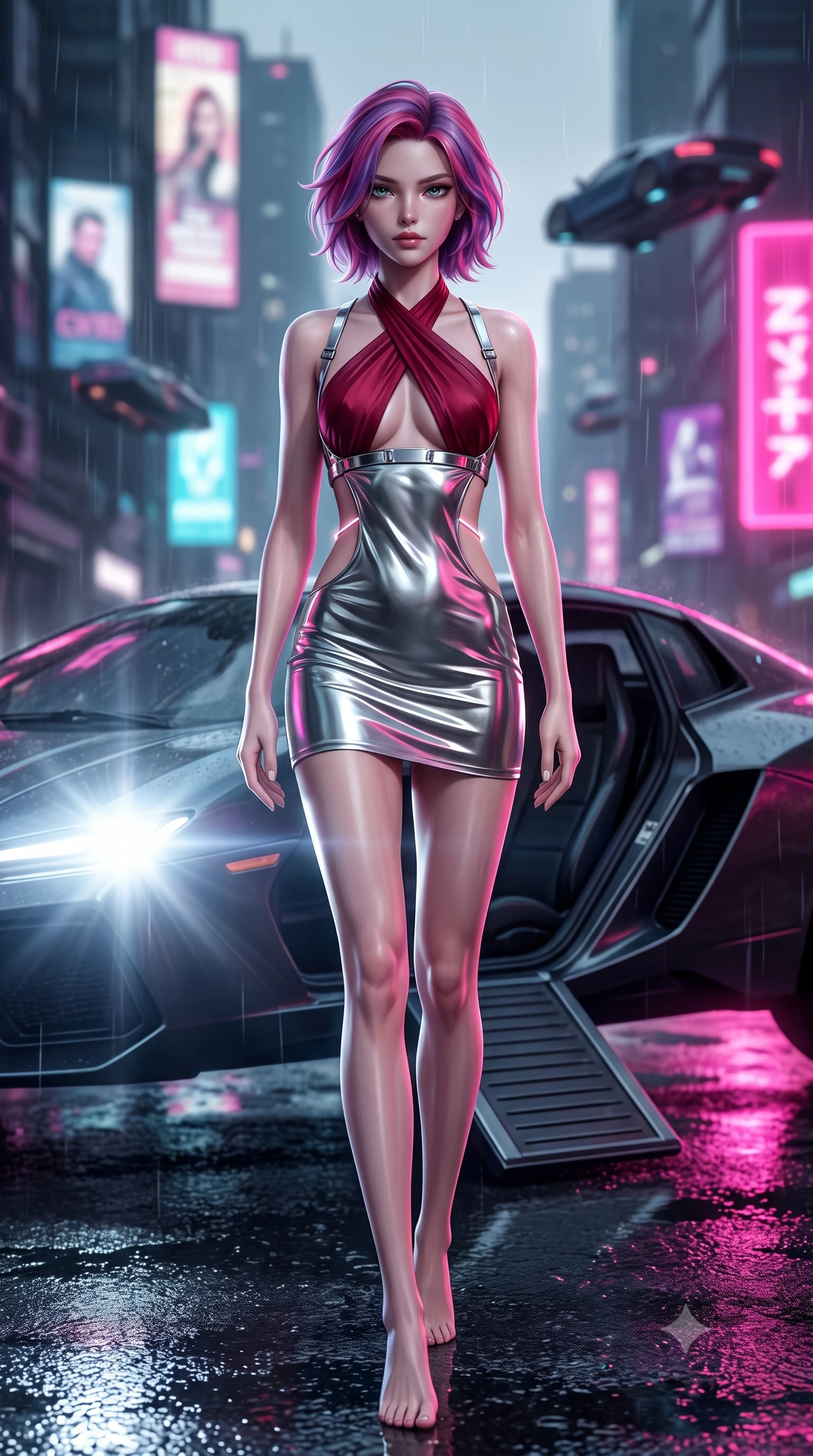 score_9, masterpiece, best quality, ultra-detailed, high-budget anime keyframe, semi-realistic 3D game render, editorial fashion photography, tasteful artistic composition, Caucasian woman. low angle full-body shot from head to toe showing her feet, filling the entire 9:16 vertical frame with her statuesque presence, stretching her vertical silhouette. striding forward in a proud, statuesque motion with a dangerous smolder, her vertical silhouette dominating the frame from head to toe while stepping gracefully from a futuristic speeder onto wet asphalt with city skyline reflections below. The composition keeps background elements in soft focus with creamy bokeh. distant cyber-billboards and hovering aero-cars softened by shallow rain-soaked focus. She has an absolutely perfect, statuesque 8.5-heads proportion, an exceptionally tall and slender model-like female figure with impossibly long slender legs and an ultra-slim waist. sharp v-shaped jawline, high-bridge nose, intricate jewel-like eyes with depth, thick eyelashes, glossy lips with a natural sheen, flawlessly proportioned anatomical accuracy, natural body alignment, perfectly sculpted elegant limbs, clean dynamic posture without body distortion. wearing a molten silver liquid-metal mini dress featuring deep side-waist cutouts and a daring crossover halter neckline in deep ruby red and polished chrome accents, made of smooth iridescent silk chiffon that shifts colors with movement, reinforced by a sleek metallic chrome harness and delicate glowing micro-straps, the glove-like fit tightly following every curve of her statuesque athletic build. bathed in intense white automotive headlight beams and vibrant neon pink city reflections. highly saturated vibrant anime colors, detailed shading with soft gradients, rich glossy textures, high-contrast stereoscopic depth, volumetric dynamic lighting, master piece, 9:16 ratio