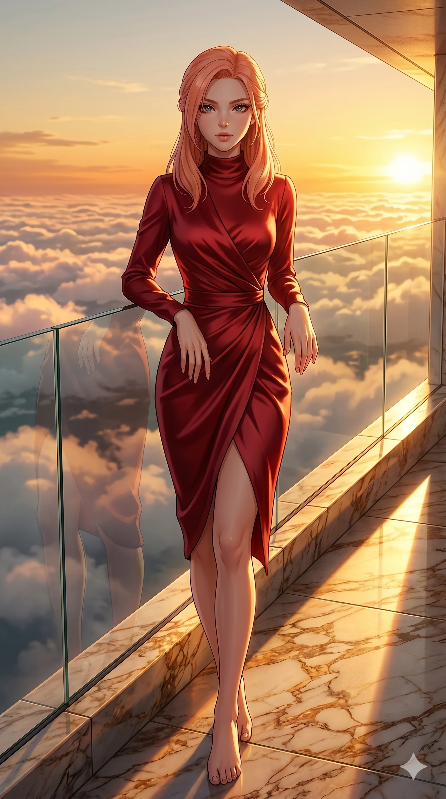 score_9, masterpiece, best quality, ultra-detailed, high-budget anime keyframe, editorial fashion photography, tasteful artistic composition, Japanese woman. cowboy shot from the thighs up, character and outfit filling the frame for maximum editorial presence. resting her hands on the glass, looking at the camera with an air of quiet self-assurance on a floating marble balcony above a sunset cloudscape (Code-P17-058). She has an absolutely perfect 8-heads proportion, an exceptionally tall and slender female figure with impossibly long slender legs and an ultra-slim waist. V-shaped jawline, high-bridge nose, intricate jewel-like eyes with depth, thick eyelashes, glossy lips with a natural sheen. wearing a long-sleeved high-neck wrap dress in deep red satin. golden light emanating from the mineral veins, creating a dramatic chiaroscuro effect. 2k, ultra detail, master piece, 9:16 ratio