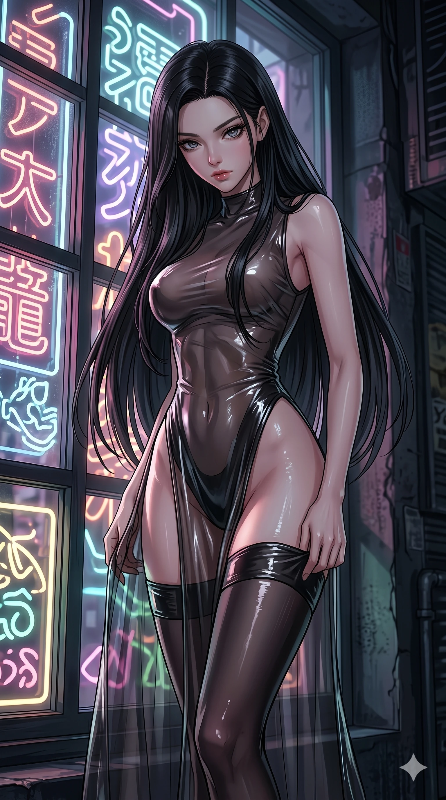 score_9, masterpiece, best quality, ultra-detailed, High-budget Anime Keyframe, East Asian woman. Low angle cowboy shot filling the entire 9:16 frame with her statuesque presence. Scenario 137: Adjusting her thigh-high stocking by a glowing neon window. Her presence is magnetic and overpowering in this high-budget anime scene. Outfit 137: A sheer organza long with a high-cut leg line and wet-look texture. The clothing is designed to emphasize her exceptionally tall and slender 8-heads proportion. 8-heads proportion, towering silhouette, ultra-slim waist. sharp v-shaped jawline, intricate jewel-like eyes with depth, thick eyelashes, glossy lips. 2k, ultra detail, master piece, 9:16 ratio