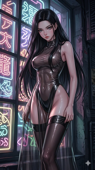 score_9, masterpiece, best quality, ultra-detailed, High-budget Anime Keyframe, East Asian woman. Low angle cowboy shot filling the entire 9:16 frame with her statuesque presence. Scenario 137: Adjusting her thigh-high stocking by a glowing neon wind