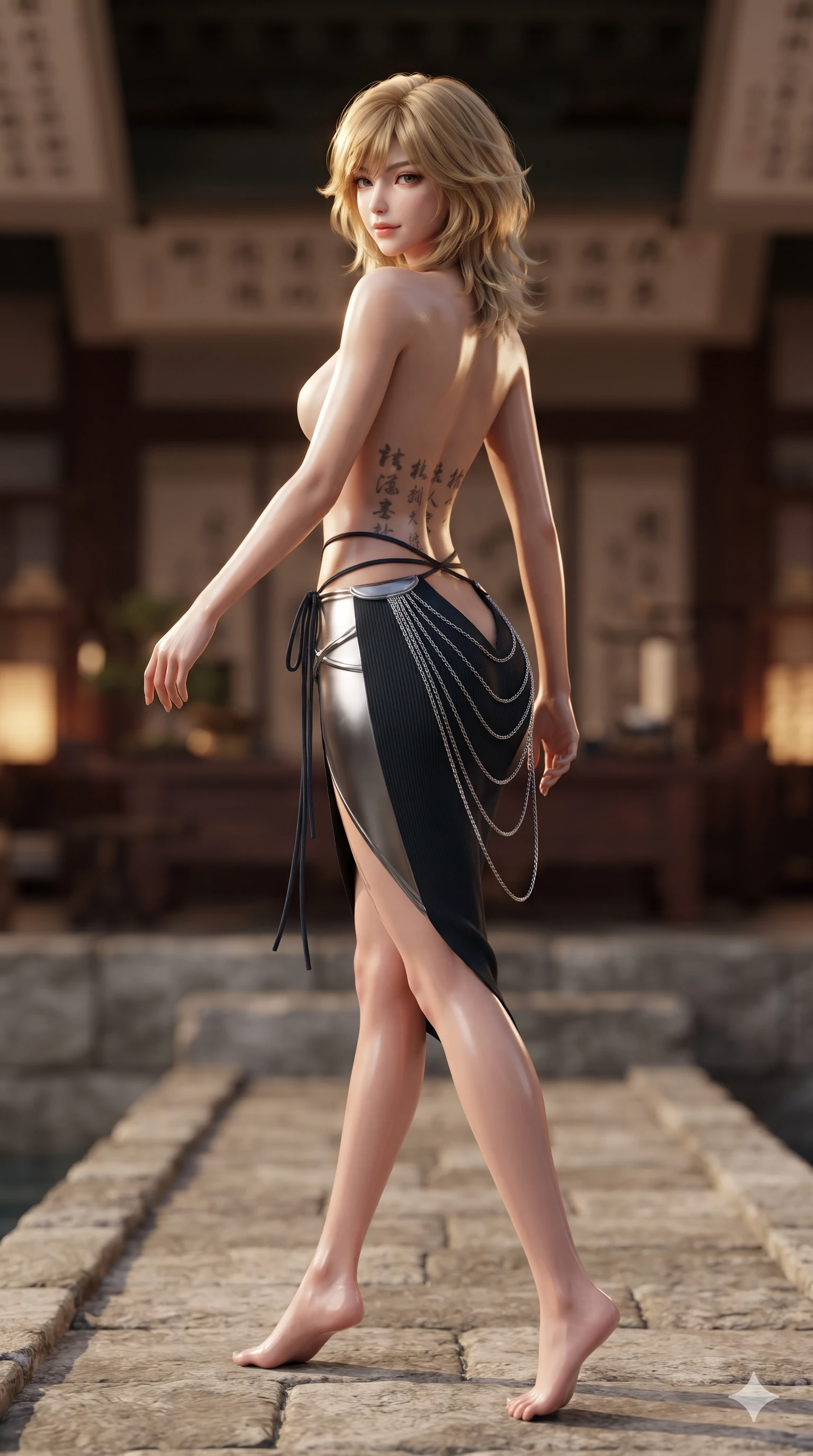 score_9, masterpiece, best quality, ultra-detailed, high-budget anime keyframe, editorial fashion photography, tasteful artistic composition, Korean woman. low angle full-body shot from head to toe showing her feet, filling the entire 9:16 vertical frame with her statuesque presence, stretching her vertical silhouette. walking along the waterfront terrace with poise, looking back over her bare shoulder with an irresistible smoldering bedroom-gaze while twisting her slender torso in an alluring contrapposto stance, ink brush scroll characters casting dramatic silhouettes across her flat midriff. The background shows a soft-focus imperial scholar academy hall softened in scholarly sanctuary shallow focus. She has an absolutely perfect, statuesque 8.5-heads proportion, an exceptionally tall and slender model-like female figure with impossibly long slender legs, an ultra-slim waist, a flat toned midriff, narrow delicate ribcage, and beautifully sculpted feminine hips creating a graceful, slim hourglass silhouette without any bulky heaviness. sharp v-shaped jawline, high-bridge nose, sparkling eyes with hypnotic seductive depth, thick curled eyelashes, glossy parted lips with a natural dewy peach sheen, alluring bedroom-eyes with an enchanting coquettish smile, exuding magnetic siren charisma and sophisticated glamour, flawlessly proportioned anatomical accuracy, strict slender model proportions, natural body alignment, perfectly sculpted long slender limbs, ultra-slim waistline, clean dynamic posture without body distortion. wearing an alluring low-slung modern hanbok wrap skirt with bare waist flanks and delicate silk cord ties in liquid mercury chrome and deep ink black, tailored from fine ribbed modal knit with gentle elastic contouring and soft hand-feel, accented with an open-back drape framed by falling strands of delicate chrome chains, the liquid-tight tailored fabric clinging flawlessly to her narrow waist and rounded feminine hips, emphasizing every millimeter of her sculpted slim hourglass curves without any bulky heaviness. illuminated by black lacquer desk bounce and sharp warm-amber rim lights sculpting her razor-sharp jawline, narrow waist, and curvy hips. ultra-reflective glossy finish, specular highlights, rich textural contrasts, high-contrast stereoscopic depth, volumetric dynamic lighting, 2k, ultra detail, master piece, 9:16 ratio