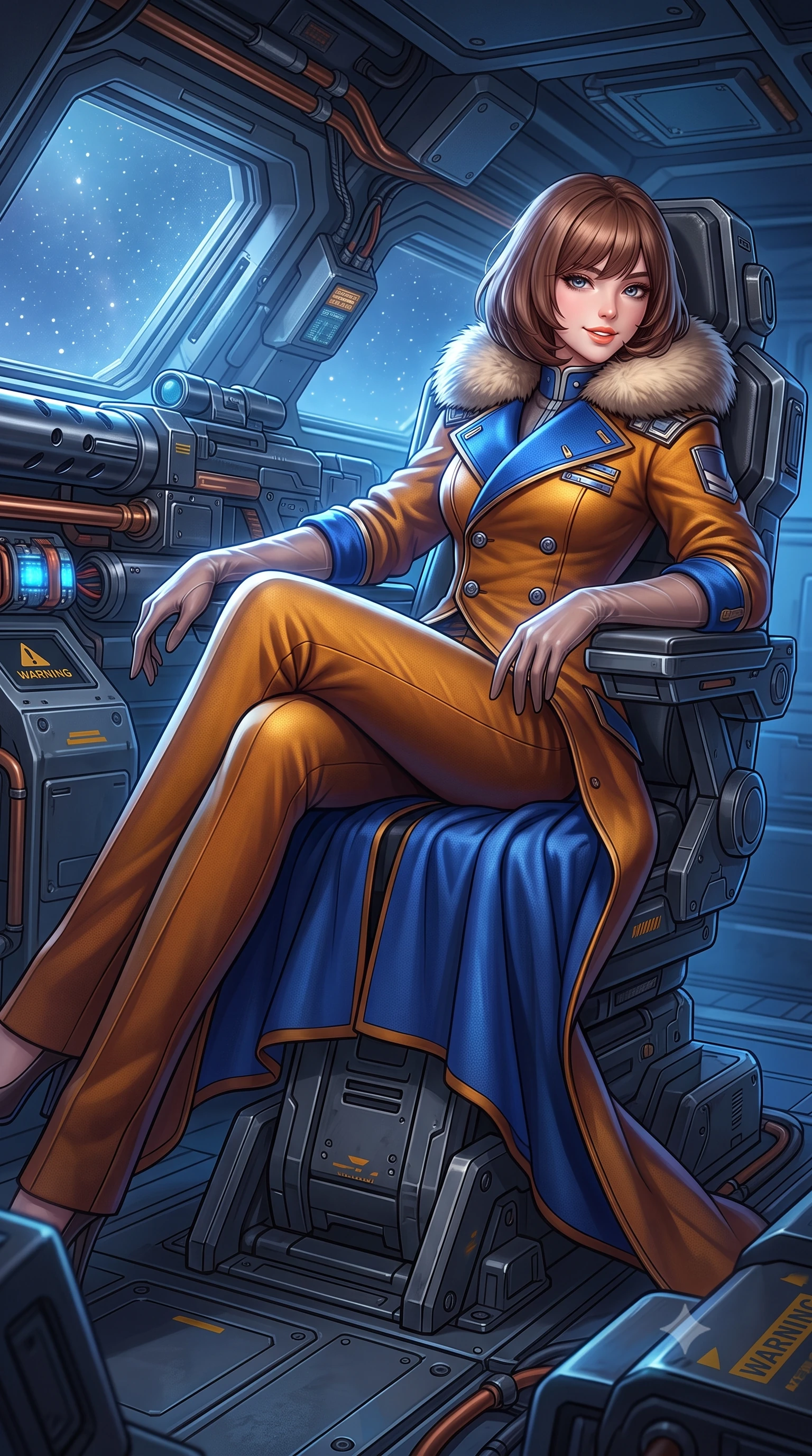 score_9, masterpiece, best quality, ultra-detailed, high-budget anime keyframe, semi-realistic 3D game render, editorial fashion photography, tasteful artistic composition, Caucasian woman. low angle full-body shot from head to toe showing her feet, filling the entire 9:16 vertical frame with her statuesque presence, stretching her vertical silhouette. executing a slow, graceful pivot turn as her skirt sways around her slender legs, glancing back with an enchanting, teasing sensual expression while lounging gracefully across the tactical gunner seat propped on one elbow with legs extended, displaying her long slender limbs and statuesque hourglass silhouette with regal anime flair. The surrounding environment is rendered in vivid detail and crisp panoramic clarity: sharp brushed gunmetal barrel rifling grooves, copper bus-bar conduits, and warning stencils on armor plates in deep focus. She has an exceptionally tall and slender model-like 8.5-heads proportion, an ultra-slim waist, a flat toned midriff, narrow delicate ribcage, and beautifully sculpted feminine hips creating a graceful, slim hourglass silhouette without any bulky heaviness, with impossibly long slender legs. sharp v-shaped jawline, high-bridge nose, intricate jewel-like sparkling eyes with depth, thick eyelashes, glossy parted lips with a natural peach sheen, bright cheerful beaming smile with an enchanting and coquettish sensual glint, exuding both youthful cute charm and seductive allure, flawlessly proportioned anatomical accuracy, strict slender model proportions, natural body alignment, perfectly sculpted long slender limbs, ultra-slim waistline, clean dynamic posture without body distortion. wearing a futuristic double-breasted arctic combat officer greatcoat with thermal fur-lined collar and tailored wool trousers in Jovian storm amber and electric cobalt, tailored from high-density tech-wool with subtle metallic thread weave, complemented by sheer opera-length evening gloves tracing her slender arms, the impeccably tailored cut draping gracefully along her slender figure with aristocratic poise. bathed in cold electric-blue capacitor glow combined with crisp unpolluted starlight. highly saturated vibrant anime colors, detailed shading with soft gradients, rich glossy textures, high-contrast stereoscopic depth, volumetric dynamic lighting, master piece, 9:16 ratio