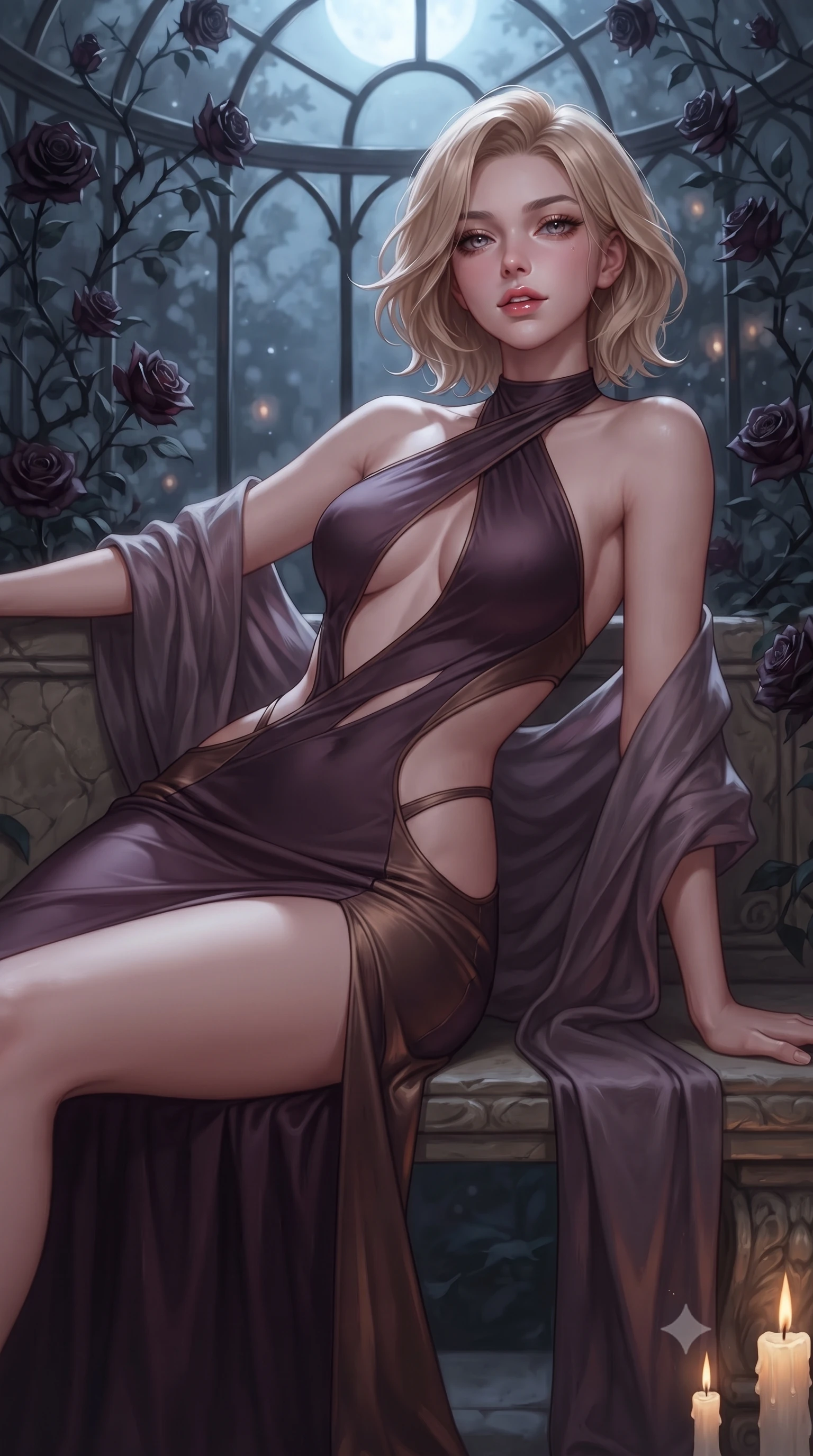 score_9, masterpiece, best quality, ultra-detailed, high-budget anime keyframe, editorial fashion photography, tasteful artistic composition, Caucasian woman. close-up cowboy shot from the waist and thighs up, the character dominates the composition, filling the frame with her large presence. laughing softly with enchanting, forbidden warmth, parted lips glistening as specular highlights illuminate her sculpted cheeks while reclining languidly on an antique stone bench in a moonlit glasshouse orangerie as thorny black rose vines climb the iron rafters. The composition keeps background elements in soft focus with creamy bokeh. moonlit orangerie glass framework and blooming black rose petals blurred into deep obsidian, wine-ruby, and lunar-silver bokeh. She has an exceptionally elegant, slender, and willowy female figure with an ultra-slim waist, a gracefully sculpted slender torso, toned flat midriff, and a refined slim silhouette. sharp v-shaped jawline, high-bridge nose, intricate jewel-like eyes with depth, thick eyelashes, glossy parted lips with a natural sheen, intensely captivating and seductive expression, flawlessly proportioned anatomical accuracy, strict slender model proportions, natural body alignment, perfectly sculpted long slender limbs, ultra-slim waistline, clean dynamic posture without body distortion. wearing a gothic siren halter-neck dress with dramatic diagonal torso cutouts and a trailing floor-length silk cape in dusky plum violet and antique bronze, tailored from liquid silk jersey adhering flawlessly to her slender build, finished with a gossamer silk shawl draped loosely over her elbows, the precision-cut daring openings accentuating her delicate midriff, graceful bare collarbones, and ultra-slim feminine waistline. bathed in cold lunar moonlight from above and warm flickering candle uplights from below. ultra-reflective glossy finish, specular highlights, rich textural contrasts, high-contrast stereoscopic depth, volumetric dynamic lighting, 2k, ultra detail, master piece, 9:16 ratio