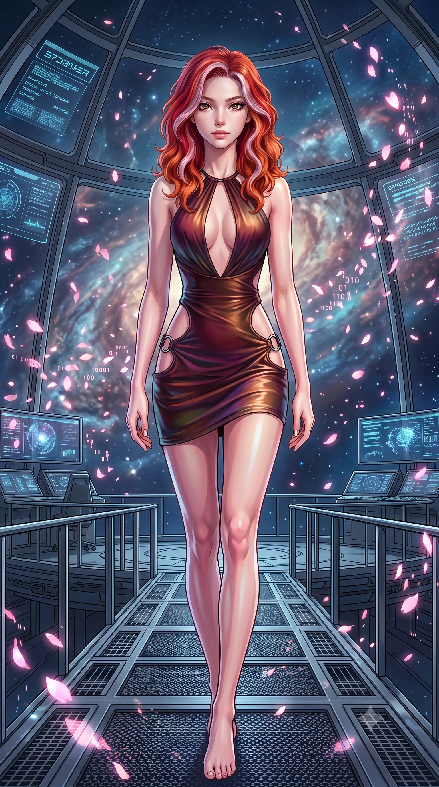score_9, masterpiece, best quality, ultra-detailed, high-budget anime keyframe, editorial fashion photography, tasteful artistic composition, Caucasian woman. low angle full-body shot from head to toe showing her feet, filling the entire 9:16 vertical frame with her statuesque presence, stretching her vertical silhouette. forging dynamically through the scene, her vertical silhouette beautifully stretched standing inside a high-tech observatory with panoramic glass views of a nebula, floating digital sakura petals flickering into binary code sparks. She has an absolutely perfect, statuesque 8.5-heads proportion, an exceptionally tall and slender model-like female figure with impossibly long slender legs and an ultra-slim waist. sharp v-shaped jawline, high-bridge nose, intricate jewel-like eyes with depth, thick eyelashes, glossy lips with a natural sheen. wearing a deep-scoop halter bodycon dress with hip cutouts connected by silver rings in deep burgundy and bronze, crafted from iridescent chiffon that shifts colors in the light, accented with a Tasteful chest slit framing her clavicle gracefully, the form-contouring material highlighting her ultra-slim waist and long lines. surrounded by a crisp high-tech illumination highlighting every sleek curve. highly saturated vibrant anime colors, detailed shading with soft gradients, rich glossy textures, high-contrast stereoscopic depth, volumetric dynamic lighting, master piece, 9:16 ratio