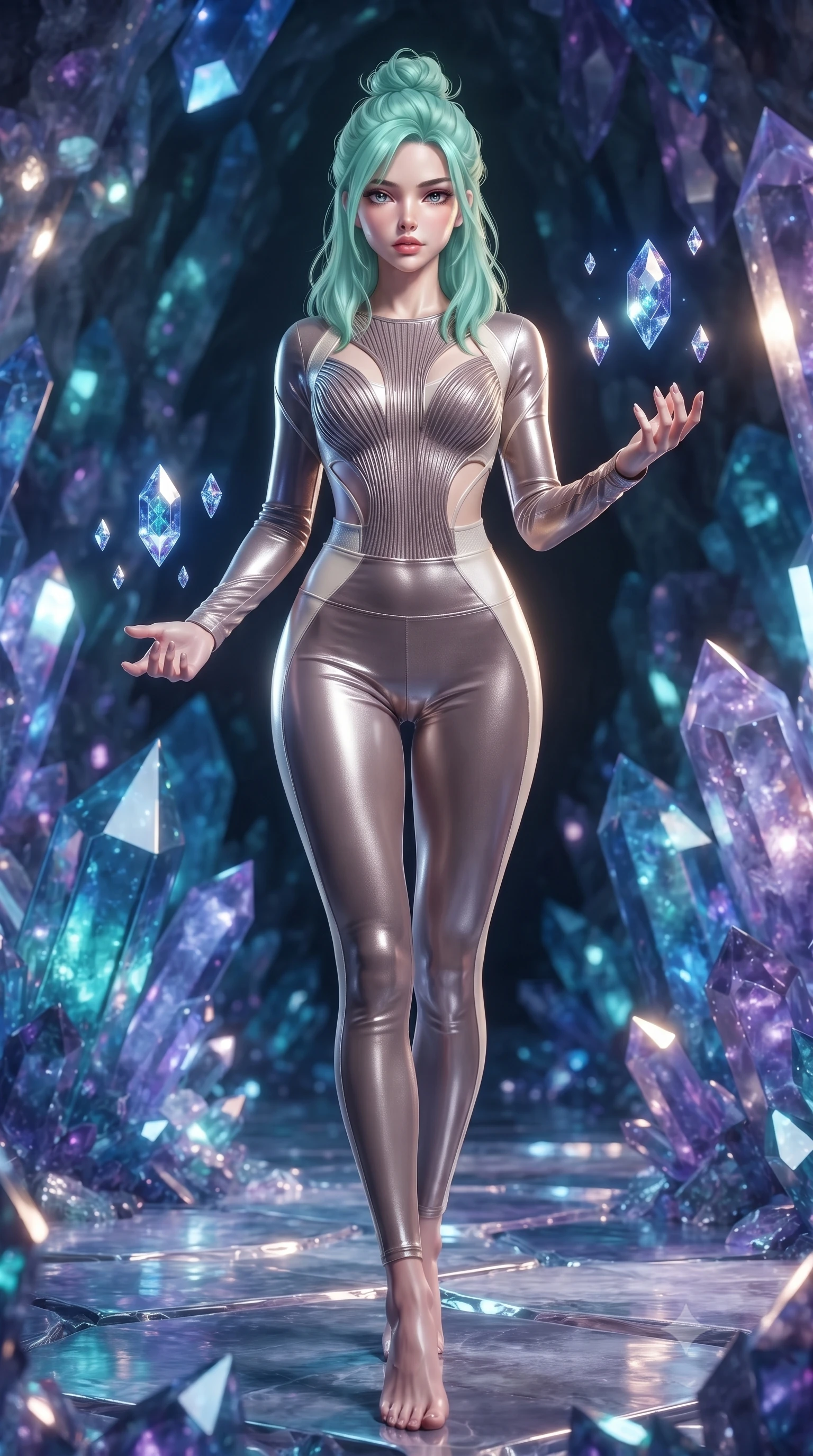 score_9, masterpiece, best quality, ultra-detailed, high-budget anime keyframe, editorial fashion photography, tasteful artistic composition, Japanese woman. low angle full-body shot from head to toe showing her feet, filling the entire 9:16 vertical frame with her statuesque presence, stretching her vertical silhouette. stepping forward with proud posture, filling the vertical frame with her magnetic presence guiding floating sapphire light crystals inside a deep mineral sanctuary, sharp crystalline reflections creating an opulent, jewel-like ambience. She has an absolutely perfect, statuesque 8.5-heads proportion, an exceptionally tall and slender model-like female figure with impossibly long slender legs and an ultra-slim waist. sharp v-shaped jawline, high-bridge nose, intricate jewel-like eyes with depth, thick eyelashes, glossy lips with a natural sheen. wearing a form-fitting ribbed activewear set with collar cutouts in muted taupe and soft ivory, made of premium stretch velvet with a rich sheen, featuring clean architectural cutouts along her slender torso, the tailored fabric tightly following every curve of her athletic build. surrounded by a cool jewel-toned luminescence with bright specular rim lights. ultra-reflective glossy finish, specular highlights, metallic sheen, high-contrast stereoscopic depth, volumetric dynamic lighting, 2k, ultra detail, master piece, 9:16 ratio