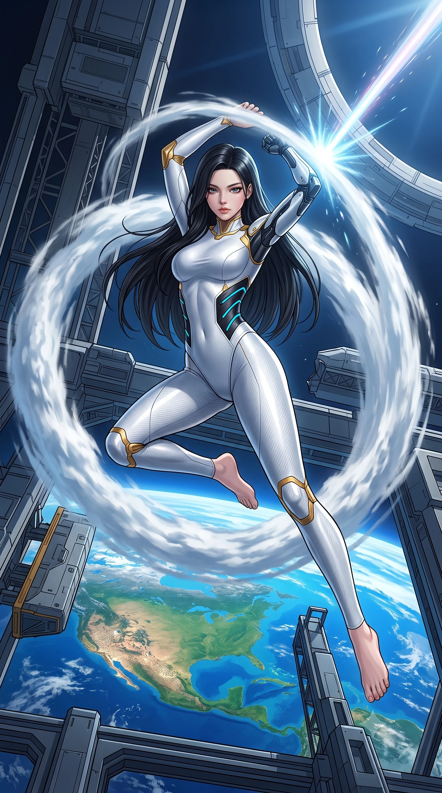score_9, masterpiece, best quality, ultra-detailed, high-budget anime keyframe, semi-realistic 3D game render, editorial fashion photography, tasteful artistic composition, Korean woman. low angle full-body shot from head to toe showing her feet, filling the entire 9:16 vertical frame with her statuesque presence, stretching her vertical silhouette. leaping into mid-air with an athletic yet alluring arch of her spine, driving a downward kinetic strike surrounded by a ring of displaced air while pivoting dynamically as her cybernetic arm deflects a high-velocity particle beam into the upper atmosphere. The surrounding environment is rendered in vivid detail and crisp panoramic clarity. high-contrast orbital chiaroscuro and monumental space-age engineering captured with environmental precision. She has an absolutely perfect, statuesque 8.5-heads proportion, an exceptionally tall and slender model-like female figure with impossibly long slender legs, a toned flat midriff, and an ultra-slim waist. sharp v-shaped jawline, high-bridge nose, intricate jewel-like eyes with depth, thick eyelashes, glossy lips with a natural sheen, flawlessly proportioned anatomical accuracy, strict slender model proportions, natural body alignment, perfectly sculpted long slender limbs, ultra-slim waistline, clean dynamic posture without body distortion. wearing a form-contouring arctic white carbon-composite martial arts leotard with solar gold articulation joints and diagonal midriff vents in matte obsidian carbon black with electric cyan conduits, crafted from ultra-strong woven carbon-fiber composite with a satin luster, finished with high-mobility flexible limb seams and miniature magnetic armor locks, the glove-like aerodynamic second-skin fit tightly clinging to her ultra-slender waist and athletic curves without adding bulk, accentuating her razor-sharp statuesque lines and slim hourglass silhouette. bathed in dazzling high-noon orbital sunlight and rich blue Earth ambient bounce light. rich saturated anime colors with glowing neon highlights, detailed shading with soft gradients, rich glossy textures, high-contrast stereoscopic depth, volumetric dynamic lighting, master piece, 9:16 ratio