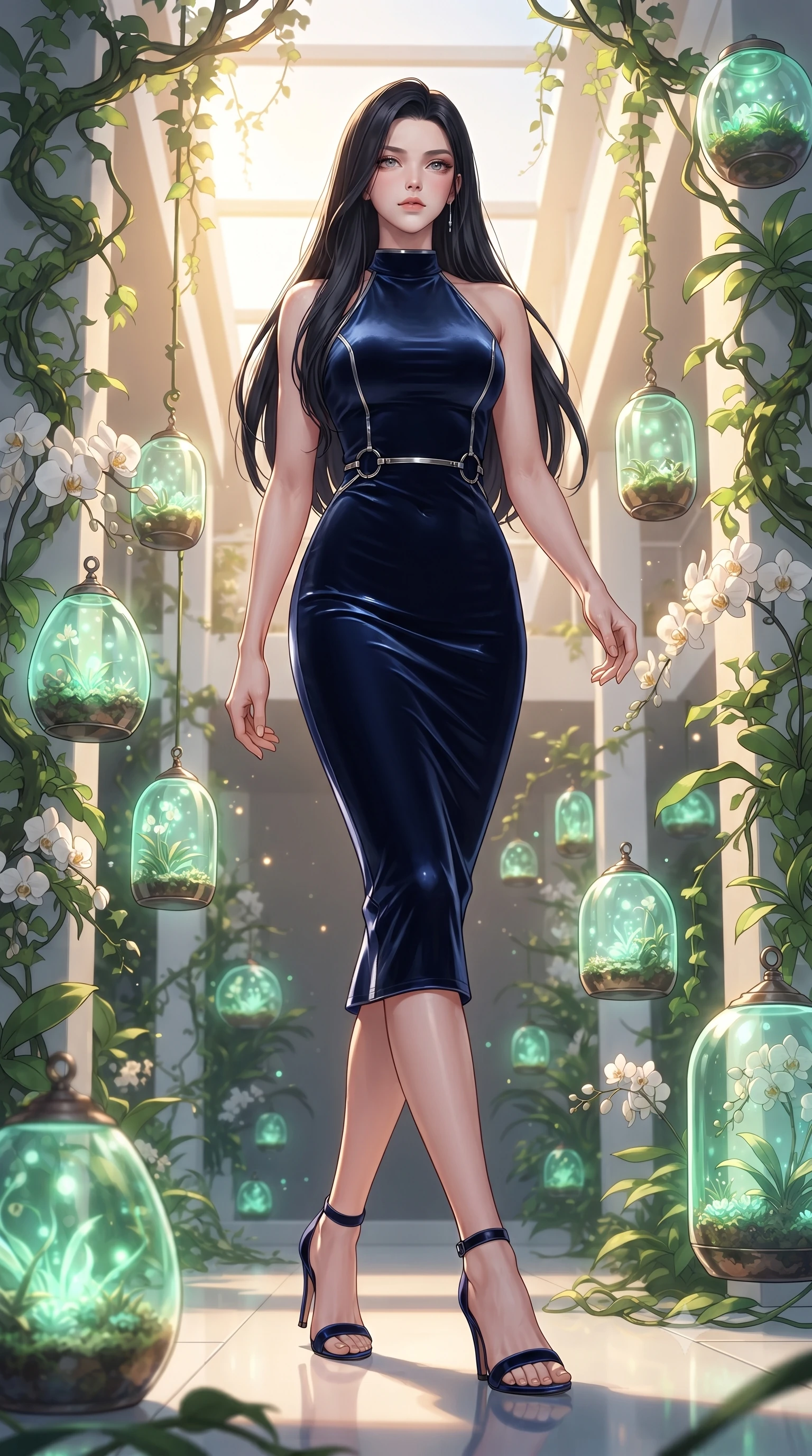 score_9, masterpiece, best quality, ultra-detailed, high-budget anime keyframe, editorial fashion photography, tasteful artistic composition, Korean woman. low angle full-body shot from head to toe showing her feet, filling the entire 9:16 vertical frame with her statuesque presence, stretching her vertical silhouette. stepping forward with proud posture, filling the vertical frame with her magnetic presence surrounded by floating glass terrariums and radiant biomorphic vines, lush green vines and white orchids framing the bright architectural backdrop. She has an absolutely perfect, statuesque 8.5-heads proportion, an exceptionally tall and slender model-like female figure with impossibly long slender legs and an ultra-slim waist. sharp v-shaped jawline, high-bridge nose, intricate jewel-like eyes with depth, thick eyelashes, glossy lips with a natural sheen. wearing a velvet halter-neck midi dress following her form like a glove in midnight navy blue and chrome trim, crafted from smooth liquid silk, accented with delicate chrome ring hardware framing her waist, the sleek second-skin texture accentuating her magnetic presence. bathed in warm golden sunlight and soft emerald bioluminescent glow. ultra-reflective glossy finish, specular highlights, metallic sheen, high-contrast stereoscopic depth, volumetric dynamic lighting, 2k, ultra detail, master piece, 9:16 ratio