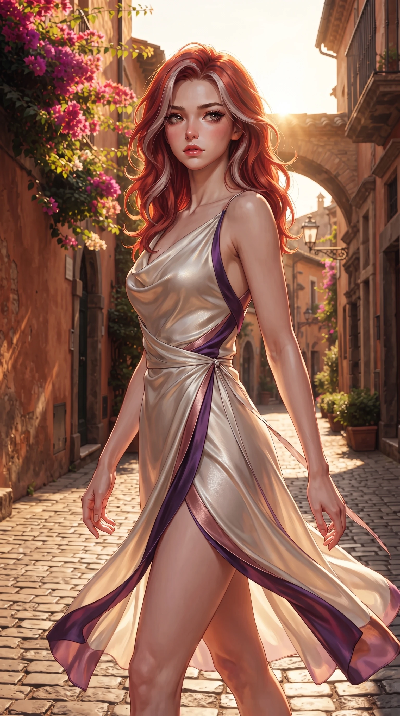 score_9, masterpiece, best quality, ultra-detailed, high-budget anime keyframe, editorial fashion photography, tasteful artistic composition, Caucasian woman. close-up cowboy shot from the waist and thighs up, the character dominates the composition, filling the frame with her large presence. Subtle lingering regret in her eyes, looking back over her shoulder with an emotional, reluctant glance while striding dramatically down a sun-drenched European cobblestone alley lined with rustic terracotta walls. The surrounding environment is rendered in vivid detail and crisp panoramic clarity. vibrant bougainvillea blossoms, historic archways, and detailed architectural shadows in panoramic clarity. She has an exceptionally elegant, slender, and willowy female figure with an ultra-slim waist, a gracefully sculpted slender torso, and a refined silhouette. sharp v-shaped jawline, high-bridge nose, intricate jewel-like eyes with depth, thick eyelashes, glossy lips with a natural sheen, flawlessly proportioned anatomical accuracy, natural body alignment, perfectly sculpted elegant limbs, clean dynamic posture without body distortion. wearing an elegant ivory silk cowl-neck dress with fluid draped lines in deep amethyst purple and rose gold, woven from fine lightweight chiffon fluttering gracefully, accented with a delicate side waist sash creating fluid lines, the fluid drape swaying gracefully with her dynamic editorial movement. bathed in dramatic golden hour sunbursts casting long cinematic shadows. ultra-reflective glossy finish, specular highlights, metallic sheen, high-contrast stereoscopic depth, volumetric dynamic lighting, 2k, ultra detail, master piece, 9:16 ratio