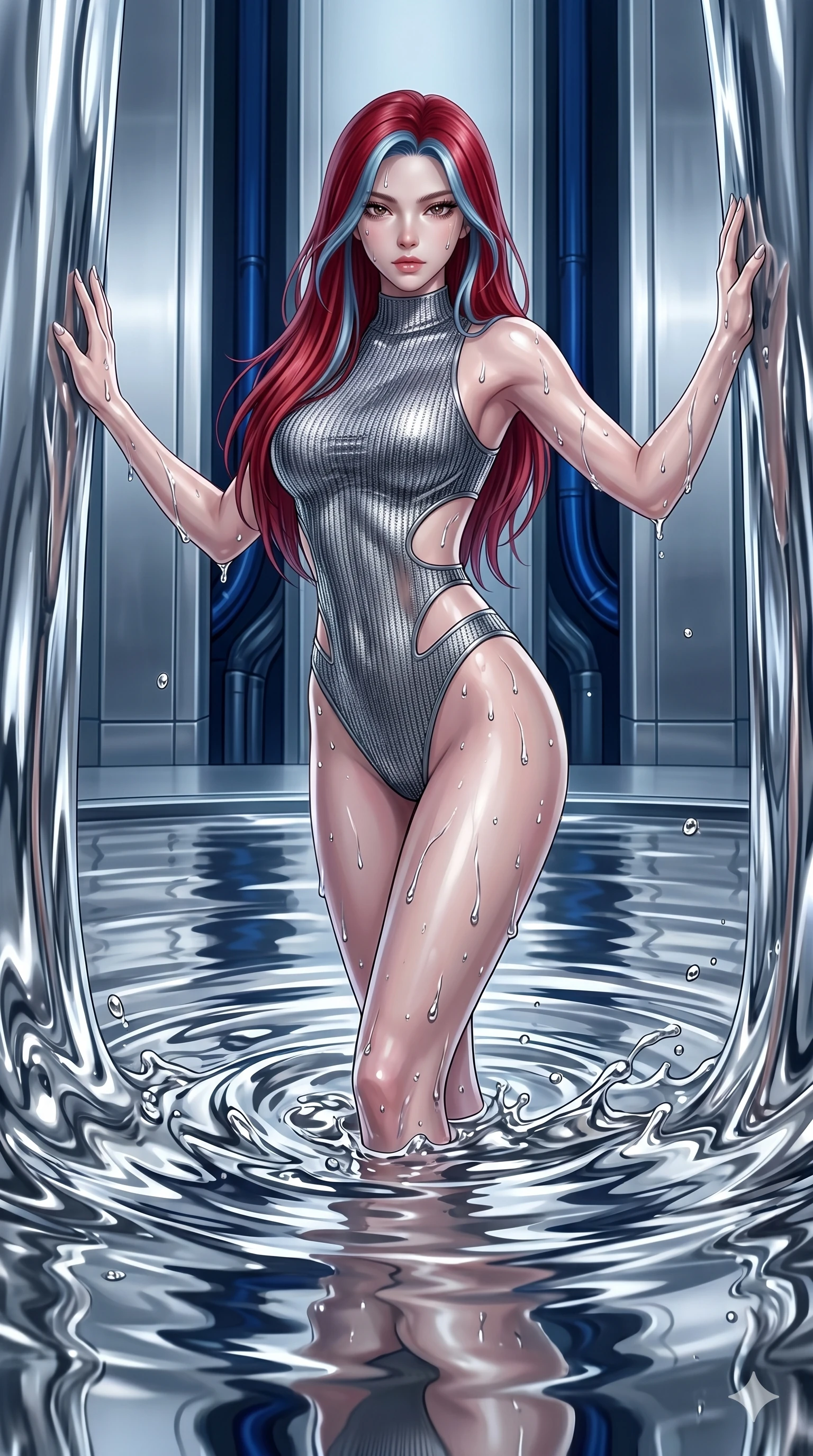 score_9, masterpiece, best quality, ultra-detailed, High-budget Anime Keyframe, East Asian woman. Dynamic full-body shot stretching the vertical silhouette to the limit. Scenario 34: Rising from a pool of mercury-like liquid, droplets rolling off her skin. Her presence is magnetic and overpowering in this high-budget anime scene. Outfit 34: A ribbed bodycon knit micro-mesh with a strategic side cut-outs and tight-fitting silhouette. The clothing is designed to emphasize her exceptionally tall and slender 8-heads proportion. 8-heads proportion, towering silhouette, ultra-slim waist. sharp v-shaped jawline, intricate jewel-like eyes with depth, thick eyelashes, glossy lips. 2k, ultra detail, master piece, 9:16 ratio