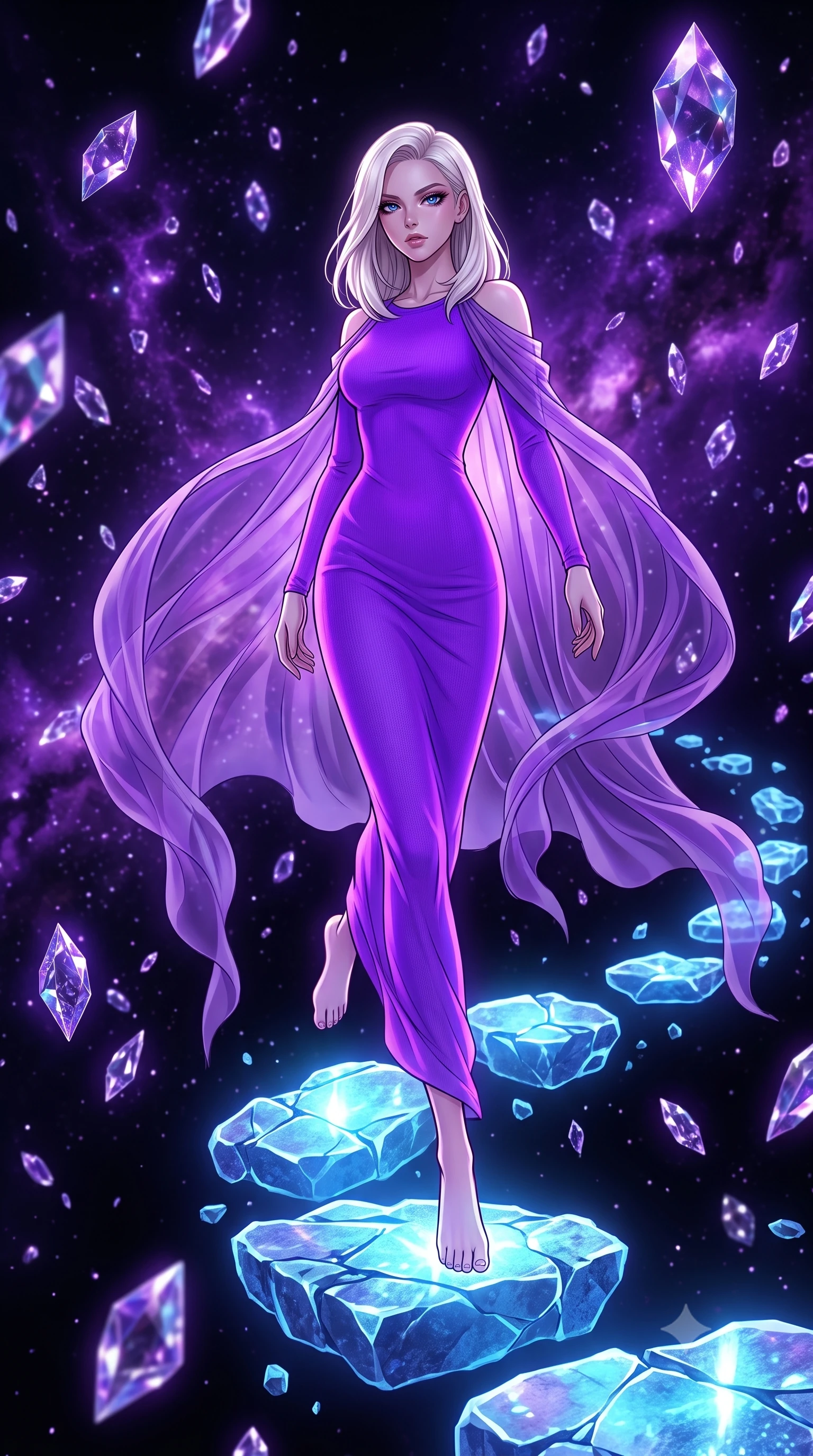 score_9, masterpiece, best quality, ultra-detailed, High-budget Anime Keyframe, Caucasian woman, strictly human ears. Dynamic full-body shot stretching the vertical silhouette to the limit. Scenario 501: stepping across glowing azure stones in a dark void filled with floating crystal shards reflecting purple nebulae. Her presence is magnetic and overpowering in this high-budget anime scene. Outfit 501: a tailored neon violet bodycon knit gown draped with a semi-transparent chiffon cape. The clothing is designed to emphasize her exceptionally tall and slender 8-heads proportion. 8-heads proportion, towering silhouette, ultra-slim waist. sharp v-shaped jawline, intricate jewel-like eyes with depth, thick eyelashes, glossy lips. 2k, ultra detail, master piece, 9:16 ratio