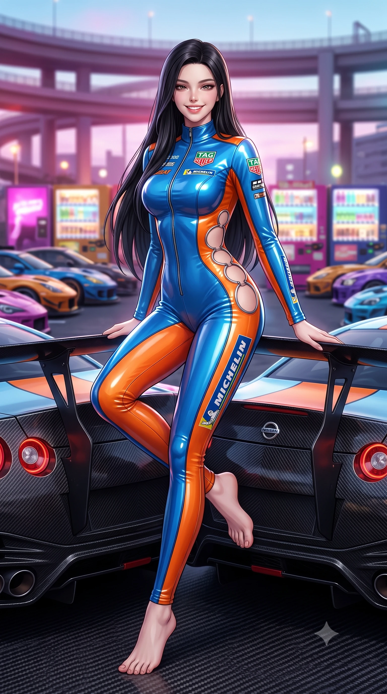 score_9, masterpiece, best quality, ultra-detailed, high-budget anime keyframe, semi-realistic 3D game render, editorial fashion photography, tasteful artistic composition, Korean woman. low angle full-body shot from head to toe showing her feet, filling the entire 9:16 vertical frame with her statuesque presence, stretching her vertical silhouette. stepping forward gracefully across the paddock tarmac in mid-motion with a radiant beaming smile, hips swaying in an alluring kinetic rhythm that accentuates her curvy hourglass silhouette and long slender legs while sitting on the wide carbon rear wing of an exotic Japanese hypercar, arching her lower back with dangerous, smoldering racing queen allure. The background shows a soft-focus curving elevated Tokyo highway ramps, rows of customized sports cars, and illuminated vending machine banks blurred into magenta, amber, and cyan bokeh. She has an absolutely perfect, statuesque 8.5-heads proportion, an exceptionally tall and slender model-like female figure with impossibly long slender legs, an ultra-slim waist, a flat toned midriff, narrow delicate ribcage, and beautifully sculpted feminine hips creating a graceful, slim hourglass silhouette without any bulky heaviness. sharp v-shaped jawline, high-bridge nose, sparkling eyes with athletic focus and depth, thick curled eyelashes, glossy parted lips with a natural coral-peach sheen, bright confident and coquettish smile with alluring bedroom-eyes, exuding both youthful sporty vigor and sovereign high-society glamour, flawlessly proportioned anatomical accuracy, strict slender model proportions, natural body alignment, perfectly sculpted long slender limbs, ultra-slim waistline, clean dynamic posture without body distortion. wearing a second-skin compression stretch racing catsuit with racing team sponsor graphics and sculpted carbon hip guards in vintage Porsche Gulf blue and vibrant race orange, made of high-gloss reflective patent leather with mirror-like specular highlights, finished with sharp laser-cut side ventilation cutouts framed by chrome rings, the precision-cut side openings and low-back scoop framing her graceful spine and the sensual sweep of her slim, athletic hips. illuminated by high-beam headlight flares and sharp chrome rim lights sculpting her razor-sharp jawline, narrow waist, and curvy hips. highly saturated vibrant anime colors, detailed shading with soft gradients, rich glossy textures, high-contrast stereoscopic depth, volumetric dynamic lighting, master piece, 9:16 ratio