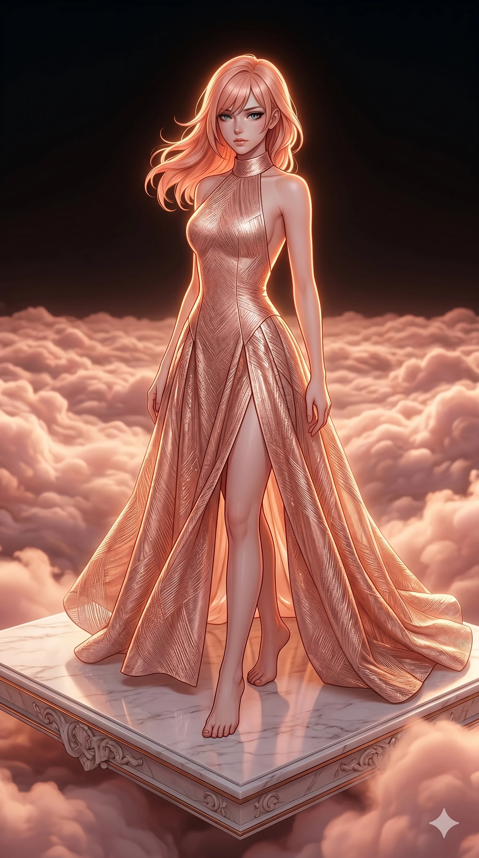 score_9, masterpiece, best quality, ultra-detailed, high-budget anime keyframe, editorial fashion photography, tasteful artistic composition, Japanese woman. cowboy shot from the thighs up, character and outfit filling the frame for maximum editorial presence. Casting a slow, direct gaze beneath heavy lashes with quiet intensity atop a floating white marble terrace above a sea of luminous rose-gold clouds. She has an absolutely perfect 8-heads proportion, an exceptionally tall and slender female figure with impossibly long slender legs and an ultra-slim waist. V-shaped jawline, high-bridge nose, intricate jewel-like eyes with depth, thick eyelashes, glossy lips with a natural sheen. wearing an architectural halter-neck couture gown in rose-gold lamé with a high open-back, a precision-fitted bodice, and a full floor-sweeping skirt with a high front slit revealing long elegant legs. drenched in warm amber cinematic rim lighting that traces every contour of her silhouette against a dark background. 2k, ultra detail, master piece, 9:16 ratio