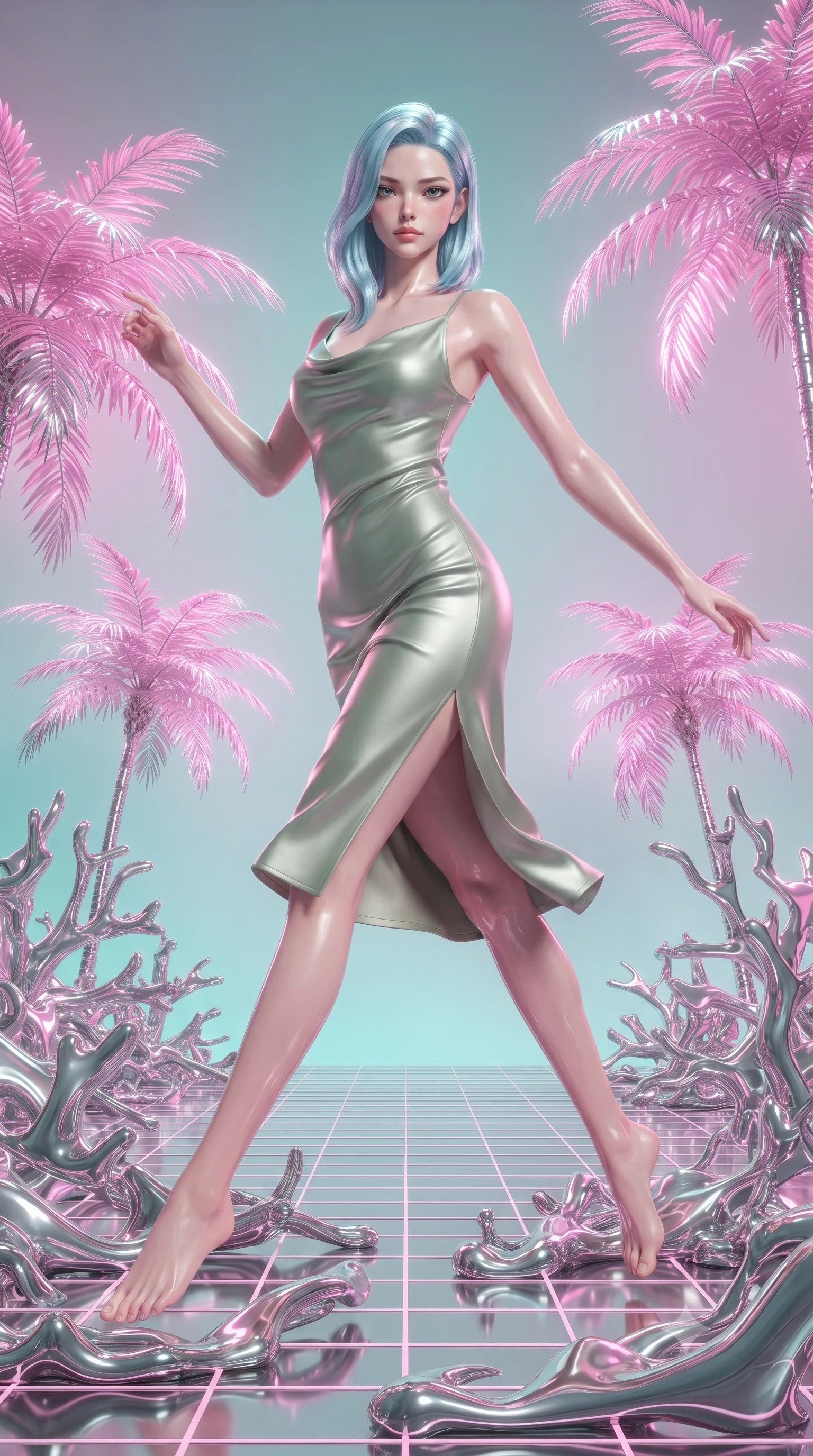 score_9, masterpiece, best quality, ultra-detailed, high-budget anime keyframe, editorial fashion photography, tasteful artistic composition, Korean woman. low angle full-body shot from head to toe showing her feet, filling the entire 9:16 vertical frame with her statuesque presence, stretching her vertical silhouette. forging dynamically through the scene with her long slender legs and ultra-slim waist creating a sweeping S-curve while leaping across a synthwave grid floor surrounded by lo-fi pink neon palm trees, liquid mercury corals flowing smooth like molten chrome around her feet. She has an absolutely perfect, statuesque 8.5-heads proportion, an exceptionally tall and slender model-like female figure with impossibly long slender legs and an ultra-slim waist. sharp v-shaped jawline, high-bridge nose, intricate jewel-like eyes with depth, thick eyelashes, glossy lips with a natural sheen, flawlessly proportioned anatomical accuracy, natural body alignment, perfectly sculpted elegant limbs, clean dynamic posture without body distortion. wearing an elegant cowl-neck satin midi dress with a graceful draped neckline in sage green and oatmeal, crafted from lustrous satin jersey with fluid draping, accented with a Tasteful chest slit framing her clavicle gracefully, the elegant draped fit framing her graceful clavicle and slender torso. bathed in soft pastel pink and turquoise neon glow with glossy chrome reflections. ultra-reflective glossy finish, specular highlights, metallic sheen, high-contrast stereoscopic depth, volumetric dynamic lighting, 2k, ultra detail, master piece, 9:16 ratio