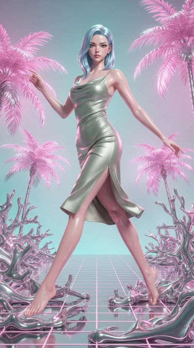score_9, masterpiece, best quality, ultra-detailed, high-budget anime keyframe, editorial fashion photography, tasteful artistic composition, Korean woman. low angle full-body shot from head to toe showing her feet, filling the entire 9:16 vertical f