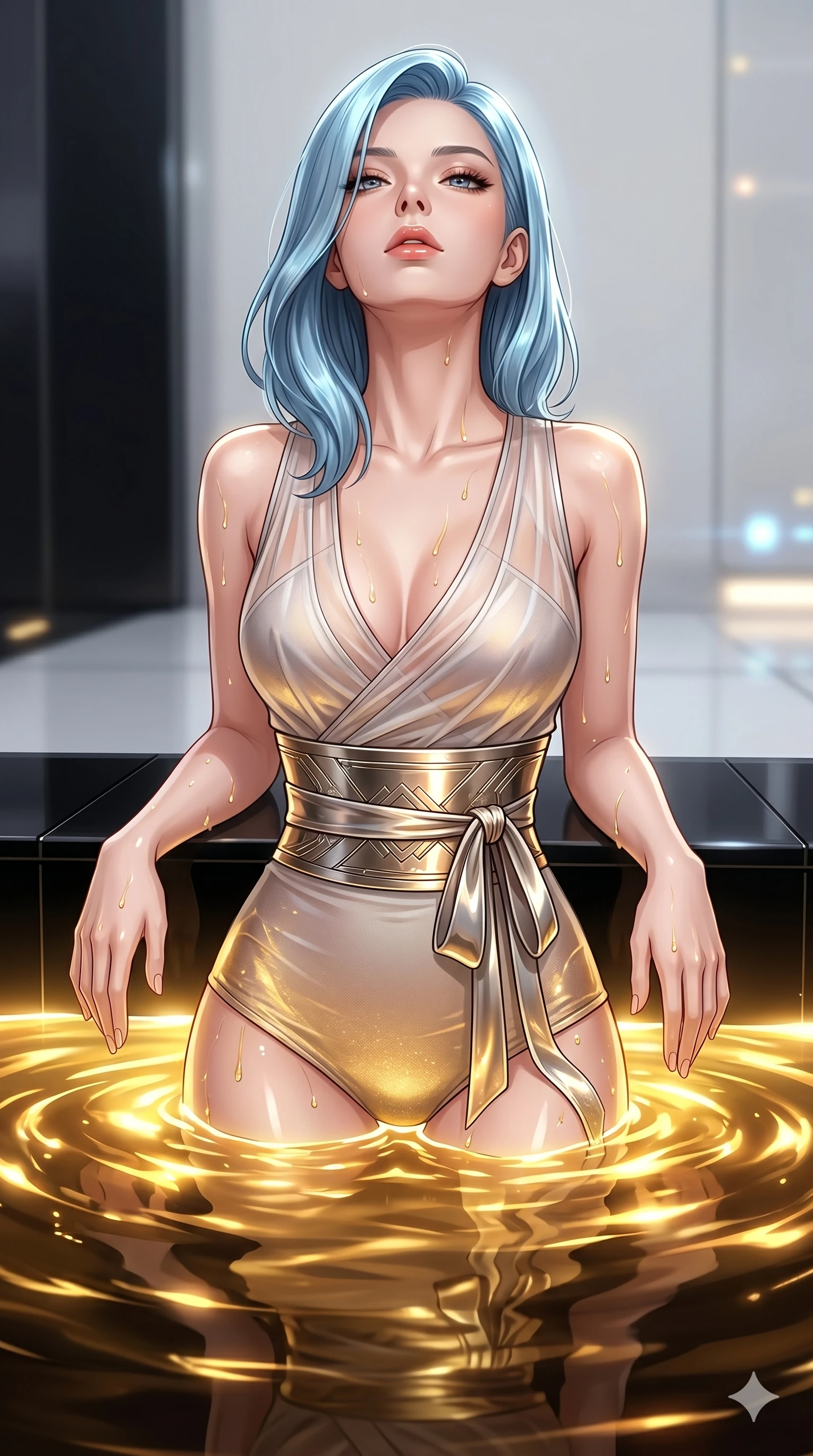 score_9, masterpiece, best quality, ultra-detailed, high-budget anime keyframe, Korean woman. Upper body close-up from the thighs up, character filling the screen for maximum presence. She is partially submerged in a high-tech obsidian pool filled with glowing liquid gold. She tilts her head back with a sensual expression, exposing her throat and shoulders to the camera. She has an absolutely perfect 8-heads proportion, an exceptionally tall and slender female figure with impossibly long slender legs and an ultra-slim waist. V-shaped jawline, high-bridge nose, intricate jewel-like eyes with depth, thick eyelashes, glossy lips with a natural sheen. She is wearing a shortened cyber-fusion wrap top with transparent chiffon panels, a deep crossover neckline, and a high-waisted metallic sash that accentuates her ultra-slim waist. The scene is lit by shimmering gold reflections from the liquid pool and bright studio key lights. 2k, ultra detail, master piece, 9:16 ratio
