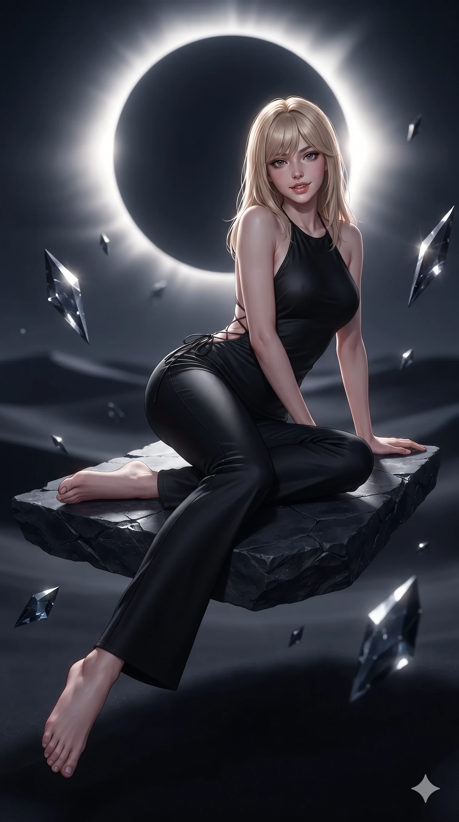 score_9, masterpiece, best quality, ultra-detailed, high-budget anime keyframe, editorial fashion photography, tasteful artistic composition, Japanese woman. low angle full-body shot from head to toe showing her feet, filling the entire 9:16 vertical frame with her statuesque presence, stretching her vertical silhouette. lounging in a plush velvet VIP booth propped on one elbow with legs crossed, flashing an intoxicating smile with parted glossy lips while lounging poised on an anti-gravity stone slab propped on one elbow with legs extended, displaying her statuesque silhouette against the eclipsed sky. The background shows a soft-focus hundreds of hovering obsidian polygon shards, radiant solar corona diamond-ring flare, and dark dunes blurred into platinum, diamond, and charcoal bokeh. She has an absolutely perfect, statuesque 8.5-heads proportion, an exceptionally tall and slender model-like female figure with impossibly long slender legs, an ultra-slim waist, a flat toned midriff, narrow delicate ribcage, and beautifully sculpted feminine hips creating a graceful, slim hourglass silhouette without any bulky heaviness. sharp v-shaped jawline, high-bridge nose, intricate jewel-like sparkling eyes with depth, thick eyelashes, glossy parted lips with a natural sheen, bright confident smile with an enchanting and coquettish sensual glint, exuding both youthful magnetic charm and sovereign high-tech allure, flawlessly proportioned anatomical accuracy, strict slender model proportions, natural body alignment, perfectly sculpted long slender limbs, ultra-slim waistline, clean dynamic posture without body distortion. wearing an alluring backless liquid titanium halterneck jumpsuit with deep scoop back down to her lower spine and hip ventilation slits in midnight black lacquer and vibrant scarlet neon, made of fluid liquid jersey with seamless sculpting hold and smooth contours, featuring fine criss-cross lace-up side ties revealing tantalizing glimpses of her hip curve, the form-fitting tactical tailoring adhering flawlessly to her sculpted flat midriff and slender torso, emphasizing her long leg lines and perfectly proportioned willowy build. bathed in the dramatic high-contrast diamond corona brilliance of the twin solar eclipse casting sharp dramatic shadows. ultra-reflective glossy finish, specular highlights, rich textural contrasts, high-contrast stereoscopic depth, volumetric dynamic lighting, 2k, ultra detail, master piece, 9:16 ratio