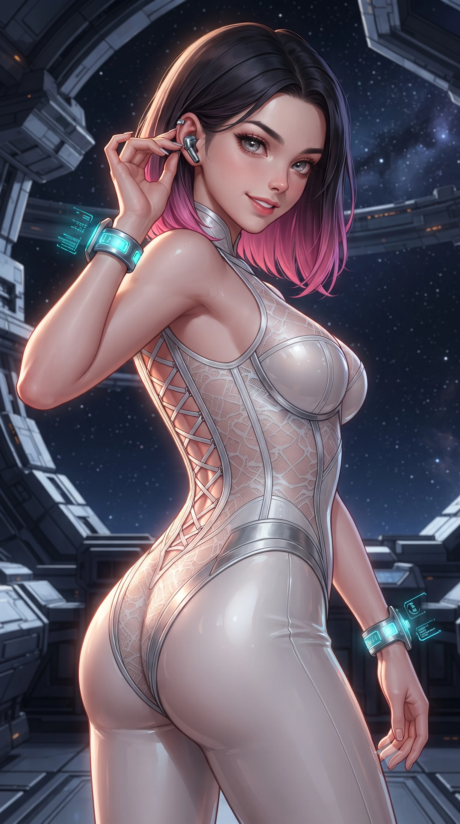 score_9, masterpiece, best quality, ultra-detailed, high-budget anime keyframe, editorial fashion photography, tasteful artistic composition, Korean woman. close-up cowboy shot from the waist and thighs up, the character dominates the composition, filling the frame with her large presence. tilting her head with a captivating smile while arching her spine with dancer poise, one hand adjusting her ear comm-link in a flirtatious S-curve while twisting her slender torso in an alluring S-curve, extreme relativistic Doppler-shifted light painting her narrow waist and curvy hips in fire. The surrounding environment is rendered in vivid detail and crisp panoramic clarity: detailed combat suit weave, blinding accretion light reflections on armor, and deep-space observatory architecture in high clarity. She has an exceptionally elegant, slender, and willowy female figure with an ultra-slim waist, flat toned midriff, narrow ribcage, and sculpted feminine hips creating an alluring, slim hourglass silhouette without bulk. sharp v-shaped jawline, high-bridge nose, intricate jewel-like sparkling eyes with depth, thick eyelashes, glossy parted lips with a natural sheen, bright confident smile with an enchanting and coquettish sensual glint, exuding both youthful magnetic charm and sovereign high-tech allure, flawlessly proportioned anatomical accuracy, strict slender model proportions, natural body alignment, perfectly sculpted long slender limbs, ultra-slim waistline, clean dynamic posture without body distortion. wearing a sheer technical lace and carbon composite bodysuit with architectural cup boning and open back in pure alabaster white and brushed silver accents, made of smooth liquid latex with high-contrast stereoscopic depth and wet shine, featuring sleek glowing cyan HUD display wrist cuffs with floating data telemetry, the form-fitting tactical tailoring adhering flawlessly to her sculpted flat midriff and slender torso, emphasizing her long leg lines and perfectly proportioned willowy build. illuminated by cabin instrument fills and sharp molten-gold rim lights defining her razor-sharp jawline, narrow waist, and curvy hips. ultra-reflective glossy finish, specular highlights, rich textural contrasts, high-contrast stereoscopic depth, volumetric dynamic lighting, 2k, ultra detail, master piece, 9:16 ratio
