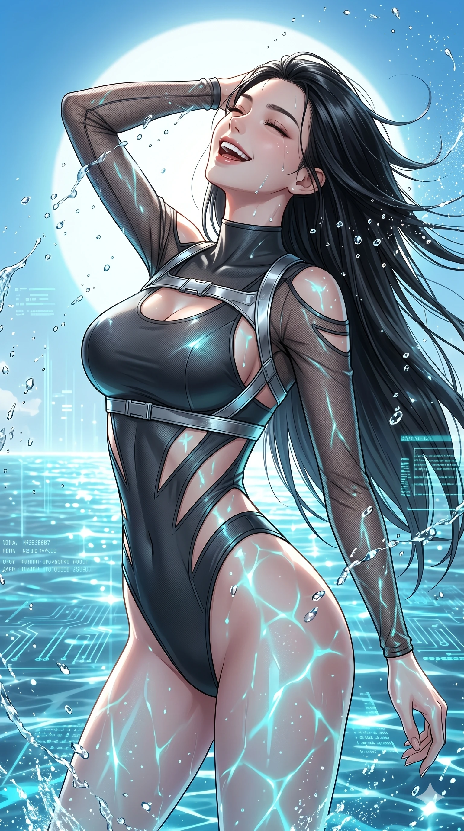 score_9, masterpiece, best quality, ultra-detailed, high-budget anime keyframe, Korean woman. Upper body close-up from the thighs up, character filling the screen for maximum presence. She is emerging from a virtual holographic ocean under a giant artificial sun. She arches her back, shaking water droplets from her hair with a free-spirited, enticing laugh. She has an absolutely perfect 8-heads proportion, an exceptionally tall and slender female figure with impossibly long slender legs and an ultra-slim waist. V-shaped jawline, high-bridge nose, intricate jewel-like eyes with depth, thick eyelashes, glossy lips with a natural sheen. She is wearing an ultra-sleek high-cut tech-bodysuit featuring dangerous diagonal slitted cutouts on the midriff and shoulders, reinforced by a metallic silver harness and sheer mesh sleeves. The scene is drenched in bright midday beach sun and sparkling caustic reflections from the neon turquoise water. 2k, ultra detail, master piece, 9:16 ratio