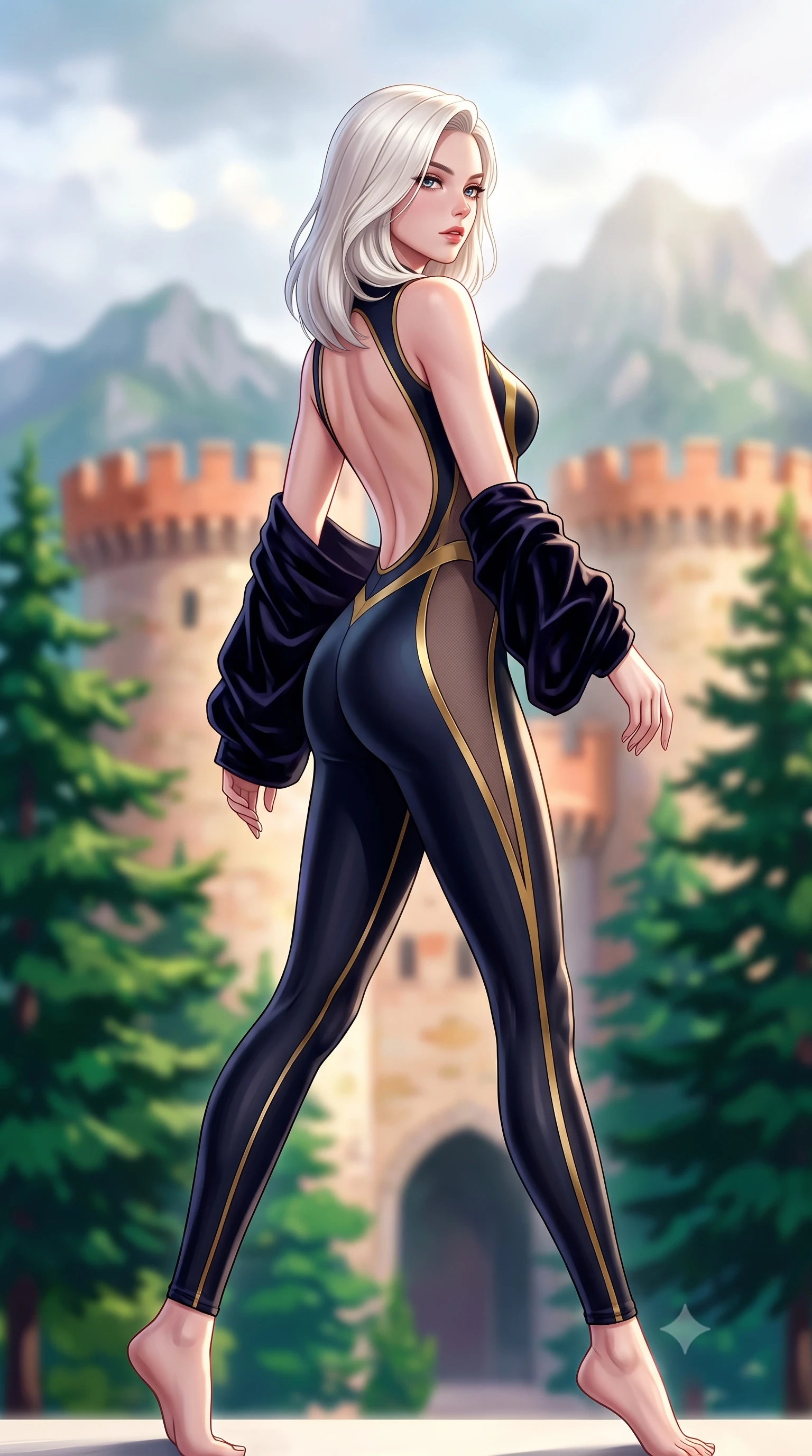 score_9, masterpiece, best quality, ultra-detailed, high-budget anime keyframe, semi-realistic 3D game render, editorial fashion photography, tasteful artistic composition, Caucasian woman. low angle full-body shot from head to toe showing her feet, filling the entire 9:16 vertical frame with her statuesque presence, stretching her vertical silhouette. striding forward in a proud supermodel runway stride, hips swaying in an alluring kinetic rhythm that accentuates her curvy hourglass silhouette while turning in an alluring dancer S-curve as the ocean breeze catches her sweeping gown, gazing toward the distant Sintra mountain peaks. The composition keeps background elements in soft focus with creamy bokeh. vibrant yellow and terracotta castle battlements and lush mossy pine tree canopies blurred into mustard, coral, and emerald bokeh. She has an exceptionally tall and slender model-like 8.5-heads proportion, an ultra-slim waist, a flat toned midriff, narrow delicate ribcage, and beautifully sculpted feminine hips creating a graceful, slim hourglass silhouette without any bulky heaviness, with impossibly long slender legs. sharp v-shaped jawline, high-bridge nose, intricate jewel-like eyes with depth, thick eyelashes, glossy parted lips with a natural sheen, intensely captivating and seductive bedroom-eyes expression, flawlessly proportioned anatomical accuracy, strict slender model proportions, natural body alignment, perfectly sculpted long slender limbs, ultra-slim waistline, clean dynamic posture without body distortion. wearing a second-skin compression catsuit with an open back and sheer mesh side waist contouring in midnight obsidian black and liquid gold, tailored from liquid silk jersey adhering flawlessly to her slender build, complemented by a plush velvet shawl draped loosely over her elbows, the glove-like aerodynamic silhouette tightly following the natural contour of her hips and long slender legs with statuesque 8.5-heads elegance. bathed in luminous coastal mist sunlight breaking through clouds onto the vibrant palace walls. highly saturated vibrant anime colors, detailed shading with soft gradients, rich glossy textures, high-contrast stereoscopic depth, volumetric dynamic lighting, master piece, 9:16 ratio