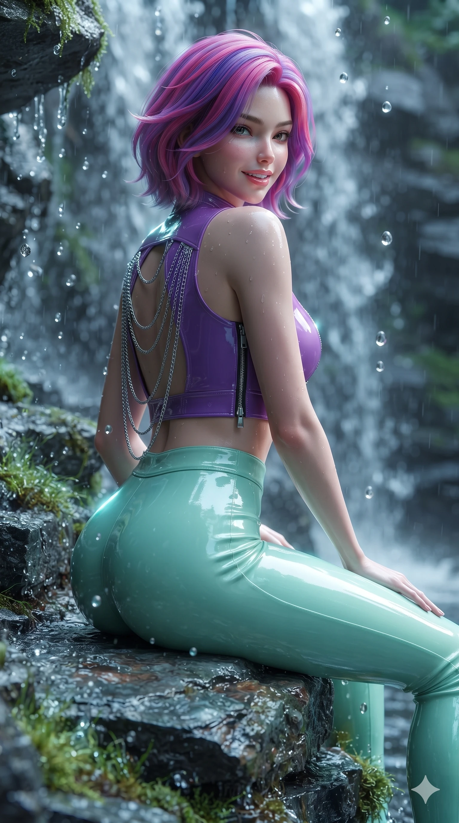 score_9, masterpiece, best quality, ultra-detailed, high-budget anime keyframe, semi-realistic 3D game render, editorial fashion photography, tasteful artistic composition, Caucasian woman. close-up cowboy shot from the waist and thighs up, the character dominates the composition, filling the frame with her large presence. posing in an alluring rear three-quarter angle, looking over a bare shoulder with parted glossy lips, her hips cocked back to highlight her slim hourglass curve while sitting gracefully on the rock outcropping with legs crossed, flashing a playful, flirtatious smile with parted glossy lips. The surrounding environment is rendered in vivid detail and crisp panoramic clarity: sharp wet slate rock textures, glowing moss filaments, and individual falling water droplet speculars in deep focus. She has an exceptionally elegant, slender, and willowy female figure with an ultra-slim waist, flat toned midriff, narrow ribcage, and sculpted feminine hips creating an alluring, slim hourglass silhouette without bulk. sharp v-shaped jawline, high-bridge nose, intricate jewel-like sparkling eyes with depth, thick eyelashes, glossy parted lips with a natural peach sheen, bright cheerful beaming smile with an enchanting and coquettish sensual glint, exuding both youthful cute charm and seductive allure, flawlessly proportioned anatomical accuracy, strict slender model proportions, natural body alignment, perfectly sculpted long slender limbs, ultra-slim waistline, clean dynamic posture without body distortion. wearing a glossy vinyl crop top and high-waist tailored leggings with sleek chrome zippers and exposed midriff in phosphorescent ultraviolet amethyst and mint green, tailored from high-gloss patent leather with mirror-like specular highlights, accented with an open-back drape framed by falling strands of delicate chrome chains, the glove-like clinging cut tightly following the natural contour of her hips and long slender legs with youthful 8.5-heads elegance. illuminated by waterfall spray bounce and sharp cyan-white rim lights defining her jawline, narrow waist, and curvy hips. highly saturated vibrant anime colors, detailed shading with soft gradients, rich glossy textures, high-contrast stereoscopic depth, volumetric dynamic lighting, master piece, 9:16 ratio
