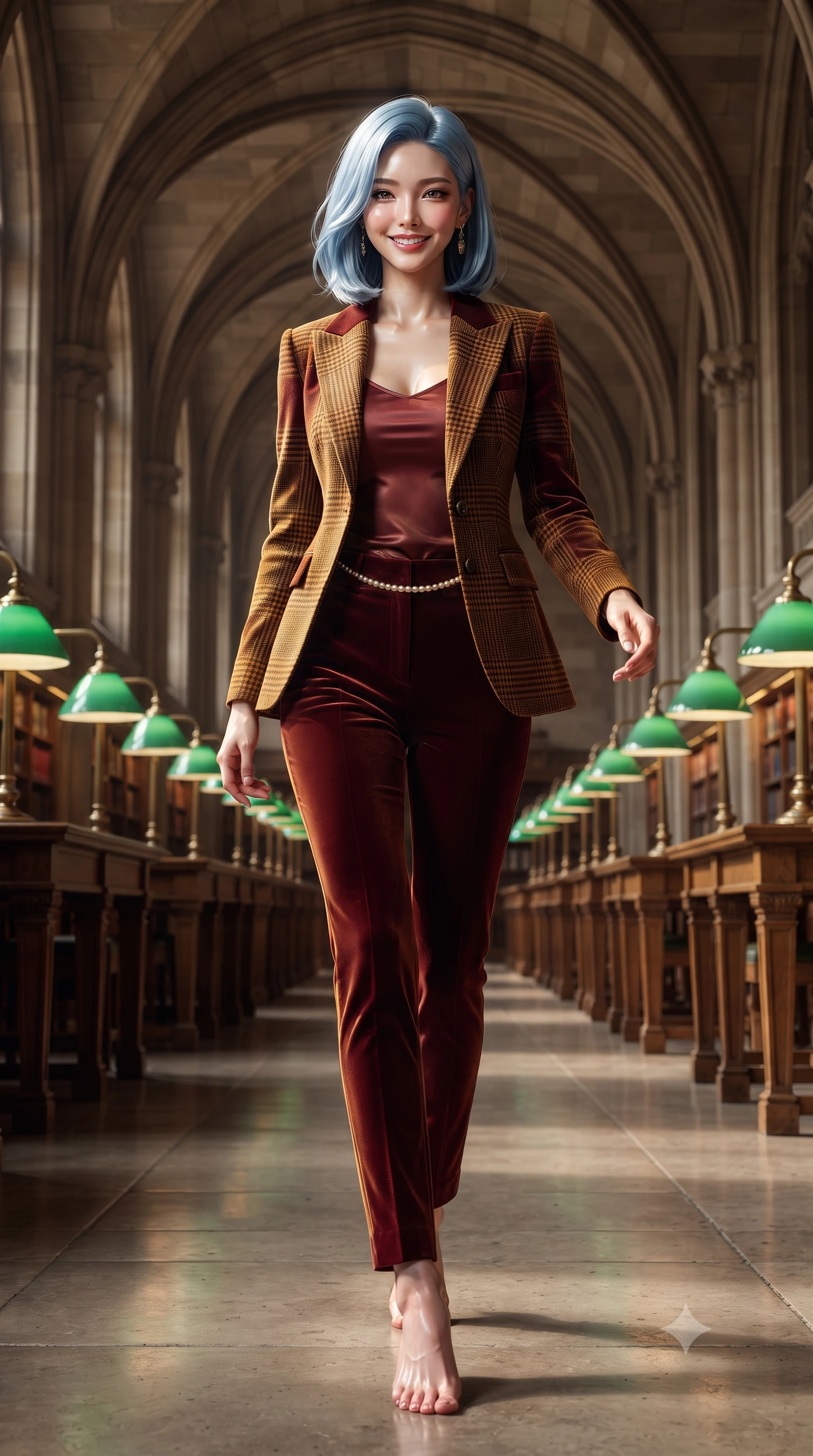 score_9, masterpiece, best quality, ultra-detailed, high-budget anime keyframe, editorial fashion photography, tasteful artistic composition, Korean woman. low angle full-body shot from head to toe showing her feet, filling the entire 9:16 vertical frame with her statuesque presence, stretching her vertical silhouette. stepping forward gracefully in mid-motion with a radiant beaming smile, hips swaying with supermodel rhythm as her vertical silhouette fills the frame while walking slowly down the grand vaulted central aisle between green banker desk lamps, turning with effortless aristocratic grace. The surrounding environment is rendered in vivid detail and crisp panoramic clarity: detailed bespoke Prince of Wales check blazer tailoring, horn button textures, and historic Oxford architecture in razor-sharp precision. She has an exceptionally tall and slender model-like 8.5-heads proportion, an ultra-slim waist, a flat toned midriff, narrow delicate ribcage, and beautifully sculpted feminine hips creating a graceful, slim hourglass silhouette without any bulky heaviness, with impossibly long slender legs. sharp v-shaped jawline, high-bridge nose, intricate jewel-like sparkling eyes with depth, thick eyelashes, glossy parted lips with a natural peach sheen, bright cheerful beaming smile with an enchanting and coquettish sensual glint, exuding both youthful cute charm and seductive allure, flawlessly proportioned anatomical accuracy, strict slender model proportions, natural body alignment, perfectly sculpted long slender limbs, ultra-slim waistline, clean dynamic posture without body distortion. wearing a tailored corseted velvet blazer jacket worn closed over a tight-fitting silk camisole and sleek tailored cigarette pants in rich Oxford burgundy and golden amber, crafted from fluid liquid velvet offering rich tactile depth while adhering to her hourglass shape, accented with a dainty pearl waist chain catching the ambient sunlight across her sculpted waistline, the body-conscious tailored knit hugging her sculpted torso and curvaceous hips in a seamless, fluid line that highlights her statuesque model proportions. illuminated by oak bookshelf reflection fill and soft champagne-gold rim lights defining her razor-sharp jawline and elegant tailored silhouette. ultra-reflective glossy finish, specular highlights, rich textural contrasts, high-contrast stereoscopic depth, volumetric dynamic lighting, 2k, ultra detail, master piece, 9:16 ratio