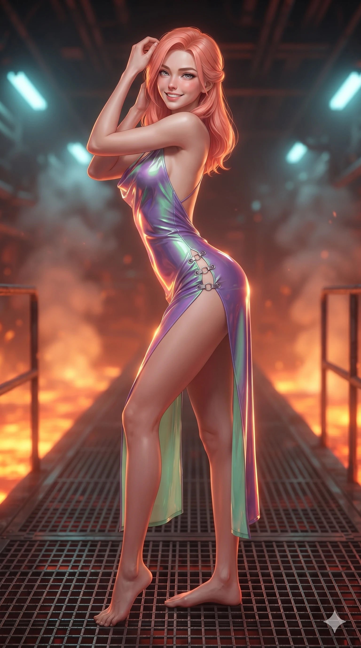 score_9, masterpiece, best quality, ultra-detailed, high-budget anime keyframe, editorial fashion photography, tasteful artistic composition, Japanese woman. close-up cowboy shot from the waist and thighs up, the character dominates the composition, filling the frame with her large presence. twisting her slender torso in an alluring S-curve, dynamic rim light painting her narrow waist and curvy hips in fire while standing poised on the reinforced titanium grating catwalk overlooking subterranean magma conduits, arching her lower back with sovereign supermodel grace while geothermal steam vents hiss in dynamic bursts. The background shows a soft-focus molten thermal mist softened in subterranean geothermal core shallow focus. She has an exceptionally elegant, slender, and willowy female figure with an ultra-slim waist, flat toned midriff, narrow ribcage, and sculpted feminine hips creating an alluring, slim hourglass silhouette without bulk. sharp v-shaped jawline, high-bridge nose, intricate jewel-like sparkling eyes with depth, thick eyelashes, glossy parted lips with a natural sheen, bright confident smile with an enchanting and coquettish sensual glint, exuding both youthful magnetic charm and sovereign high-tech allure, flawlessly proportioned anatomical accuracy, strict slender model proportions, natural body alignment, perfectly sculpted long slender limbs, ultra-slim waistline, clean dynamic posture without body distortion. wearing a form-contouring gossamer cyber-chiffon flight slip with a hip-high slit and open cowl back clinging with dewy moisture in phosphorescent ultraviolet amethyst and mint green, tailored from ultra-reflective glossy liquid vinyl with mirror-like specular highlights, finished with sharp laser-cut side ventilation slits framed by silver hardware rings, the glove-like clinging cut tightly following the natural contour of her hips and long slender legs with youthful 8.5-heads elegance. bathed in the intense warm 2200K furnace glow of subterranean plasma conduits mixed with cool cyan emergency strip lights. ultra-reflective glossy finish, specular highlights, rich textural contrasts, high-contrast stereoscopic depth, volumetric dynamic lighting, 2k, ultra detail, master piece, 9:16 ratio
