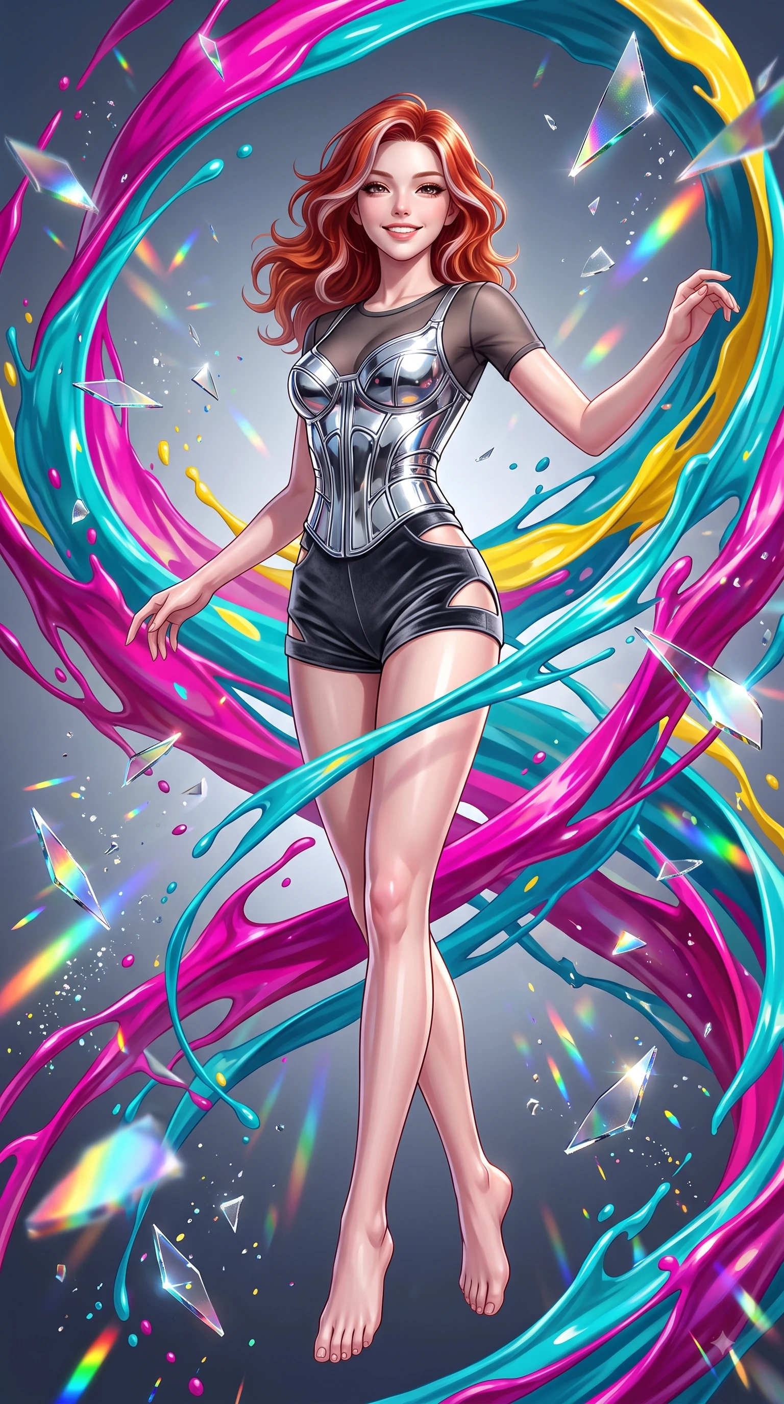 score_9, masterpiece, best quality, ultra-detailed, high-budget anime keyframe, editorial fashion photography, tasteful artistic composition, Caucasian woman. low angle full-body shot from head to toe showing her feet, filling the entire 9:16 vertical frame with her statuesque presence, stretching her vertical silhouette. performing a cheerful mid-air rotation with flawless poise, her radiant smile capturing pure happy energy while spinning joyfully amidst swirling ribbons of magenta, turquoise, and yellow liquid acrylic paint, shattered mirror shards scattering brilliant rainbow reflections and happy energy everywhere. She has an absolutely perfect, statuesque 8.5-heads proportion, an exceptionally tall and slender model-like female figure with impossibly long slender legs and an ultra-slim waist. sharp v-shaped jawline, high-bridge nose, intricate jewel-like eyes with depth, thick eyelashes, glossy lips with a natural sheen, flawlessly proportioned anatomical accuracy, natural body alignment, perfectly sculpted elegant limbs, clean dynamic posture without body distortion. wearing a chrome-plated structured bodice worn over a sheer mesh top and micro-shorts in charcoal grey and platinum, made of premium stretch velvet with a rich sheen, featuring clean architectural cutouts along her slender torso, the tailored fabric tightly following every curve of her athletic build. bathed in high-contrast vibrant studio lighting with sharp cheerful specular highlights. ultra-reflective glossy finish, specular highlights, metallic sheen, high-contrast stereoscopic depth, volumetric dynamic lighting, 2k, ultra detail, master piece, 9:16 ratio