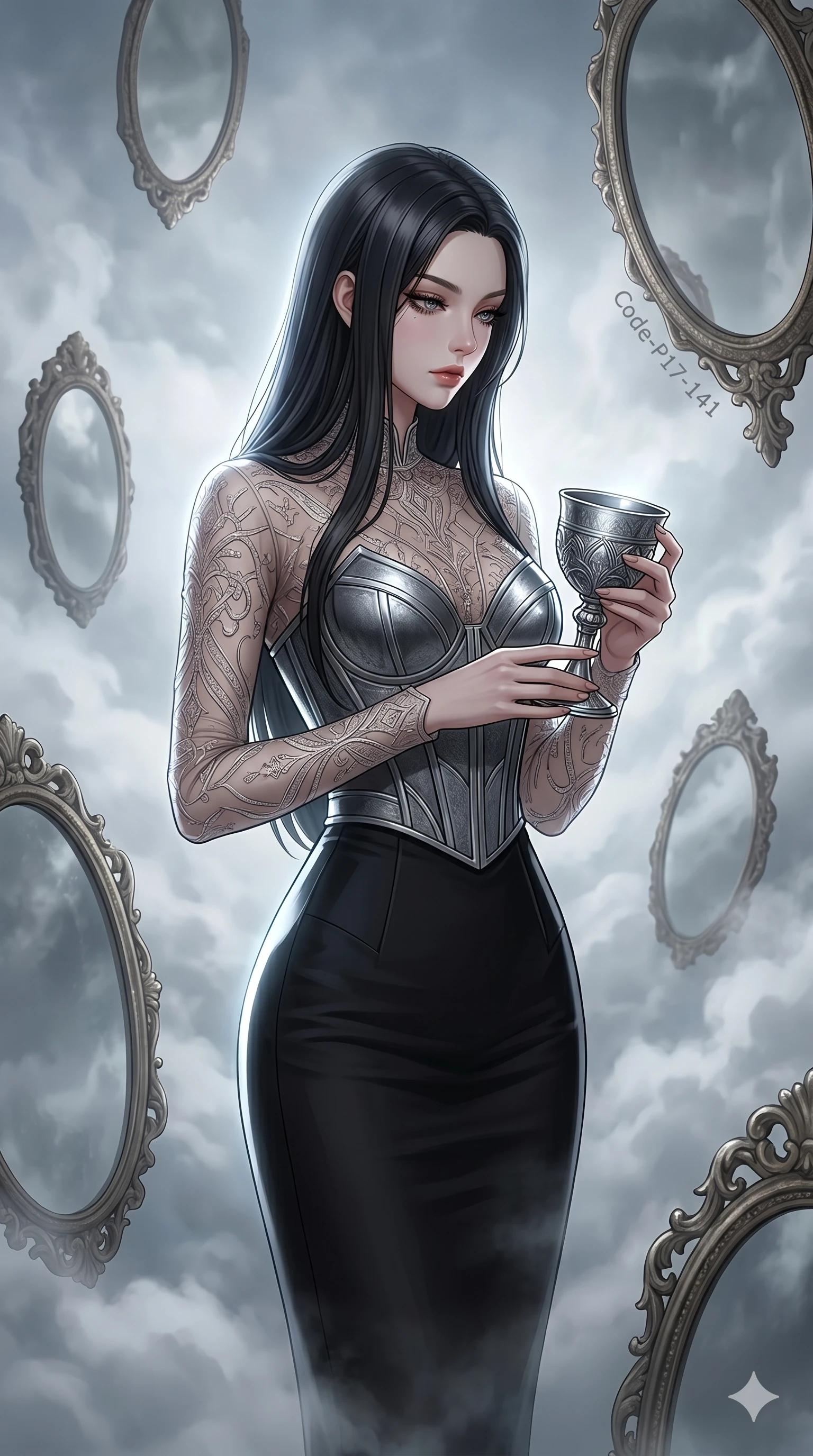 score_9, masterpiece, best quality, ultra-detailed, high-budget anime keyframe, editorial fashion photography, tasteful artistic composition, Korean woman. cowboy shot from the thighs up, character and outfit filling the frame for maximum editorial presence. holding a silver chalice, looking down in a composed, powerful gesture in a cloud sanctuary with floating mirrors (Code-P17-141). She has an absolutely perfect 8-heads proportion, an exceptionally tall and slender female figure with impossibly long slender legs and an ultra-slim waist. V-shaped jawline, high-bridge nose, intricate jewel-like eyes with depth, thick eyelashes, glossy lips with a natural sheen. wearing a translucent fine patterned embroidery top paired with a structured structured bodice and tailored skirt. bright cinematic key light tracing the sleek contours of her athletic figure. 2k, ultra detail, master piece, 9:16 ratio
