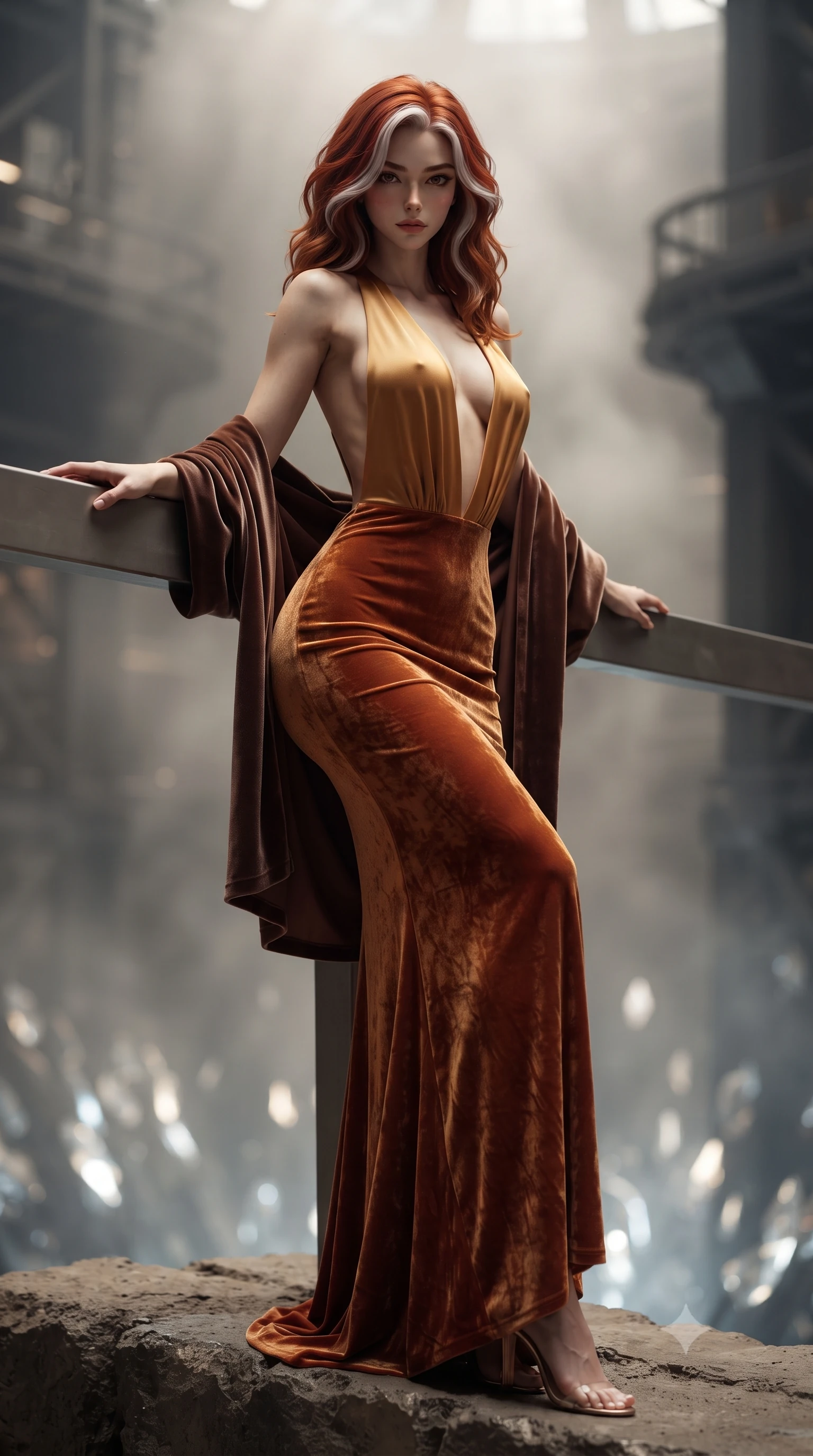 score_9, masterpiece, best quality, ultra-detailed, high-budget anime keyframe, editorial fashion photography, tasteful artistic composition, Caucasian woman. low angle full-body shot from head to toe showing her feet, filling the entire 9:16 vertical frame with her statuesque presence, stretching her vertical silhouette. sitting perched on the elevated edge with hips angled toward the camera and legs crossed, displaying her toned midriff and flawlessly sculpted slender limbs while leaning against a matte titanium inspection rail with hips cocked back, casting a cool, fearless bedroom-gaze into the subterranean crystal abyss. The composition keeps background elements in soft focus with creamy bokeh. subterranean geothermal mist and titanium gantry silhouettes softened in monumental sci-fi shallow focus. She has an exceptionally tall and slender model-like 8.5-heads proportion, an ultra-slim waist, a flat toned midriff, narrow delicate ribcage, and beautifully sculpted feminine hips creating a graceful, slim hourglass silhouette without any bulky heaviness, with impossibly long slender legs. sharp v-shaped jawline, high-bridge nose, intricate jewel-like eyes with depth, thick eyelashes, glossy parted lips with a natural sheen, intensely captivating and seductive bedroom-eyes expression, flawlessly proportioned anatomical accuracy, strict slender model proportions, natural body alignment, perfectly sculpted long slender limbs, ultra-slim waistline, clean dynamic posture without body distortion. wearing a liquid-silk jersey evening gown with an ultra-deep plunging open back descending to the base of her spine and a sculpted hip-hugging skirt in molten desert gold and burnt terracotta, crafted from heavyweight crushed silk velvet with liquid vintage luster, complemented by a plush velvet shawl draped loosely over her elbows, the form-contouring material adhering flawlessly to her sculpted flat midriff and slender torso, emphasizing her long leg lines and perfectly proportioned willowy build. illuminated by dazzling crystal facet reflections sharply defining her sculpted collarbones, ultra-slim waist, and curvy hips. ultra-reflective glossy finish, specular highlights, rich textural contrasts, high-contrast stereoscopic depth, volumetric dynamic lighting, 2k, ultra detail, master piece, 9:16 ratio