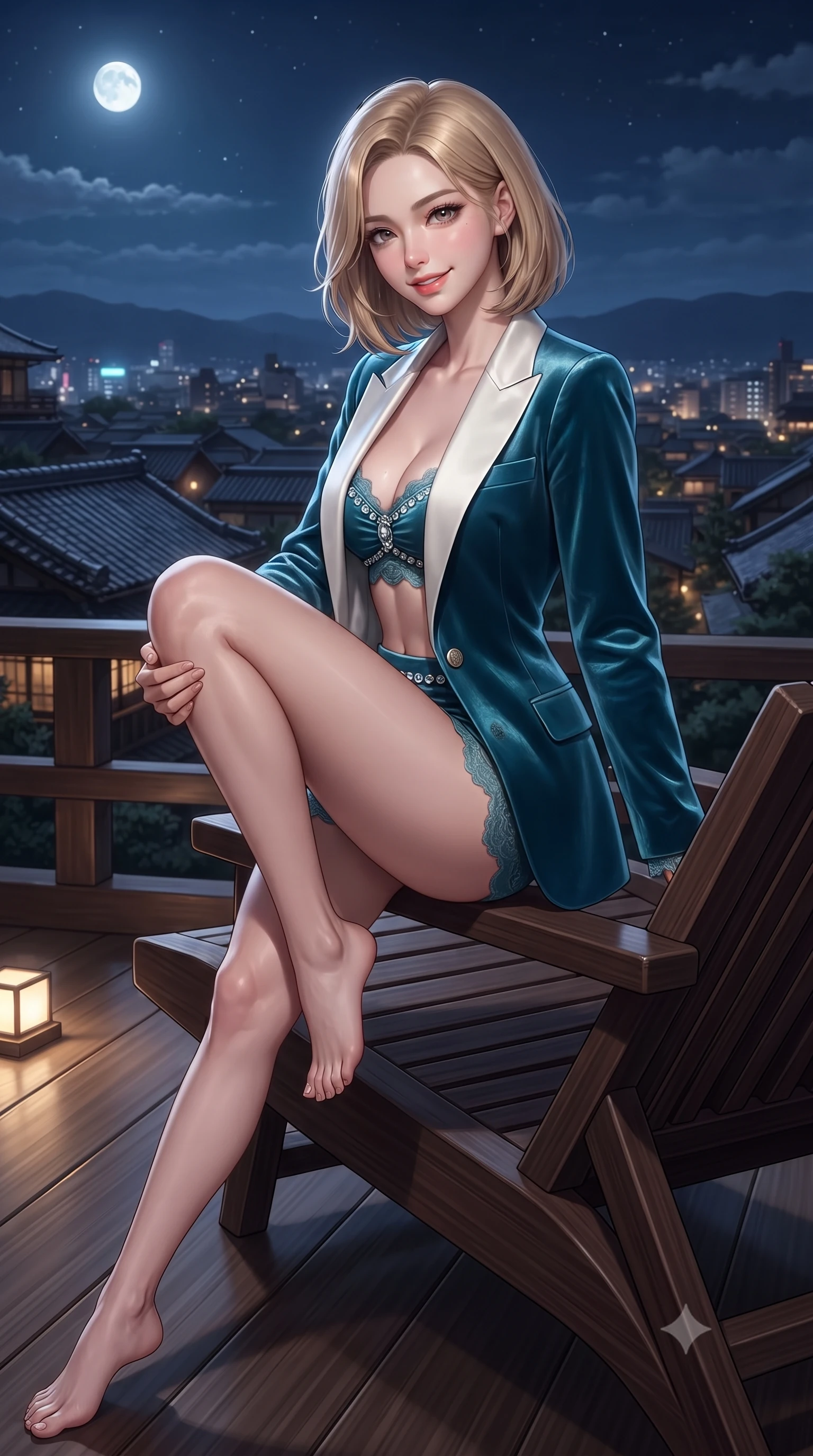 score_9, masterpiece, best quality, ultra-detailed, high-budget anime keyframe, editorial fashion photography, tasteful artistic composition, Korean woman. close-up cowboy shot from the waist and thighs up, the character dominates the composition, filling the frame with her large presence. perched sideways on the lounge seat, one knee drawn up to showcase her slender leg line while her arched back accentuates her feminine hip curve while standing poised on the cantilevered dark cedar deck high over Kyoto valley, arching her spine with breathtaking supermodel elegance against the moonlit skyline. The surrounding environment is rendered in vivid detail and crisp panoramic clarity: sharp natural cedar wood grain, antique ceramic roof tiles, and delicate sake cup lacquer glaze in deep focus. She has an exceptionally elegant, slender, and willowy female figure with an ultra-slim waist, flat toned midriff, narrow ribcage, and sculpted feminine hips creating an alluring, slim hourglass silhouette without bulk. sharp v-shaped jawline, high-bridge nose, sparkling eyes with hypnotic seductive depth, thick curled eyelashes, glossy parted lips with a natural dewy peach sheen, alluring bedroom-eyes with an enchanting coquettish smile, exuding magnetic siren charisma and sophisticated glamour, flawlessly proportioned anatomical accuracy, strict slender model proportions, natural body alignment, perfectly sculpted long slender limbs, ultra-slim waistline, clean dynamic posture without body distortion. wearing a tailored open-front satin smoking jacket worn over a jewel-embellished bandeau and micro-shorts in Capri turquoise and pure pearl white, tailored from ultra-plush velvet with rich tactile depth and deep shadow gradients, finished with scalloped eyelash lace trim framing her sweetheart neckline with intimate elegance, the liquid-tight tailored fabric clinging flawlessly to her narrow waist and rounded feminine hips, emphasizing every millimeter of her sculpted slim hourglass curves without any bulky heaviness. bathed in soft low-voltage floor wash lighting combined with distant city glow and silver full moonlight. ultra-reflective glossy finish, specular highlights, rich textural contrasts, high-contrast stereoscopic depth, volumetric dynamic lighting, 2k, ultra detail, master piece, 9:16 ratio