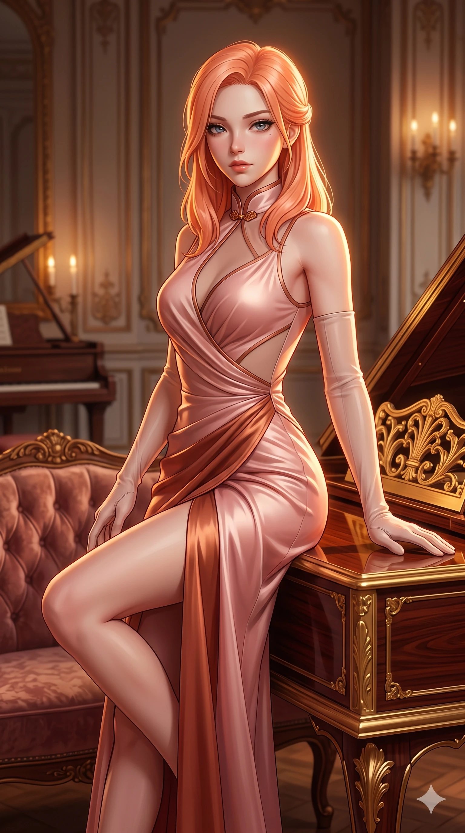 score_9, masterpiece, best quality, ultra-detailed, high-budget anime keyframe, semi-realistic 3D game render, editorial fashion photography, tasteful artistic composition, Japanese woman. close-up cowboy shot from the waist and thighs up, the character dominates the composition, filling the frame with her large presence. perched sideways on the vintage settee, one knee drawn up to showcase her slender leg line while her arched back accentuates her feminine hip curve while lounging poised beside the mirror-polished rosewood harpsichord, arching her spine with dancer-like elegance while resting one hand on the gilded instrument lid. The background shows a soft-focus intimate classical music salon atmosphere softened in baroque conservatoire shallow focus. She has an exceptionally elegant, slender, and willowy female figure with an ultra-slim waist, flat toned midriff, narrow ribcage, and sculpted feminine hips creating an alluring, slim hourglass silhouette without bulk. sharp v-shaped jawline, high-bridge nose, intricate jewel-like sparkling eyes with depth, thick eyelashes, glossy parted lips with a natural sheen, intensely captivating and seductive bedroom-eyes expression, exuding both youthful cute charm and sovereign luxury allure, flawlessly proportioned anatomical accuracy, strict slender model proportions, natural body alignment, perfectly sculpted long slender limbs, ultra-slim waistline, clean dynamic posture without body distortion. wearing a wet-look silk fusion wrap dress with asymmetrical sheer mesh cutouts and high Mandarin collar in rose-quartz blush and burnished copper, tailored from heavy double-faced silk georgette with an exceptionally fluid drape, complemented by sheer opera-length evening gloves tracing her slender arms, the form-contouring cut accentuating her sculpted flat midriff, narrow delicate ribcage, and gracefully curvy hips with intoxicating allure. illuminated by polished rosewood bounce and sharp amber-gold rim lights sculpting her razor-sharp jawline, narrow waist, and curvy hips. highly saturated vibrant anime colors, detailed shading with soft gradients, rich glossy textures, high-contrast stereoscopic depth, volumetric dynamic lighting, master piece, 9:16 ratio