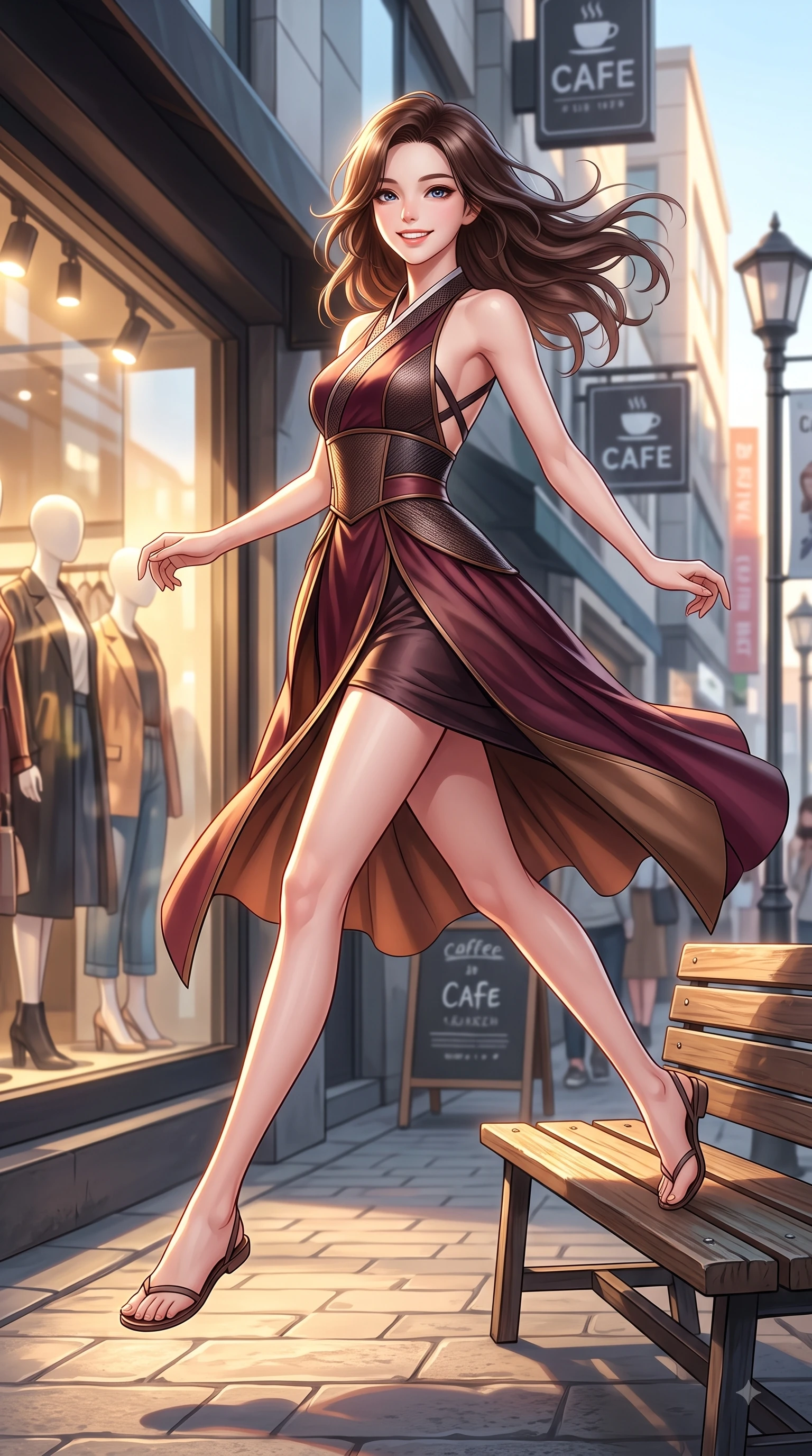 score_9, masterpiece, best quality, ultra-detailed, high-budget anime keyframe, editorial fashion photography, tasteful artistic composition, Korean woman. low angle full-body shot from head to toe showing her feet, filling the entire 9:16 vertical frame with her statuesque presence, stretching her vertical silhouette. leaping with pure youthful energy through mid-air with a radiant bright smile, her impossibly long slender legs stretched in balance while resting on a wooden bench outside a hipster cafe on a bustling Seoul fashion street, trendy fashion window displays reflecting golden afternoon sunlight vividly. She has an absolutely perfect, statuesque 8.5-heads proportion, an exceptionally tall and slender model-like female figure with impossibly long slender legs and an ultra-slim waist. sharp v-shaped jawline, high-bridge nose, intricate jewel-like eyes with depth, thick eyelashes, glossy lips with a natural sheen, flawlessly proportioned anatomical accuracy, natural body alignment, perfectly sculpted elegant limbs, clean dynamic posture without body distortion. wearing a modern fusion silk hanbok dress with a structured bodice and flowing skirt in deep burgundy and bronze, made of fine carbon-fiber weave and soft matte leather, complemented by criss-cross back straps highlighting her bare shoulders, the tailored fabric tightly following every curve of her athletic build. surrounded by a lively, trendy street aura with rich specular highlights. highly saturated vibrant anime colors, detailed shading with soft gradients, rich glossy textures, high-contrast stereoscopic depth, volumetric dynamic lighting, master piece, 9:16 ratio