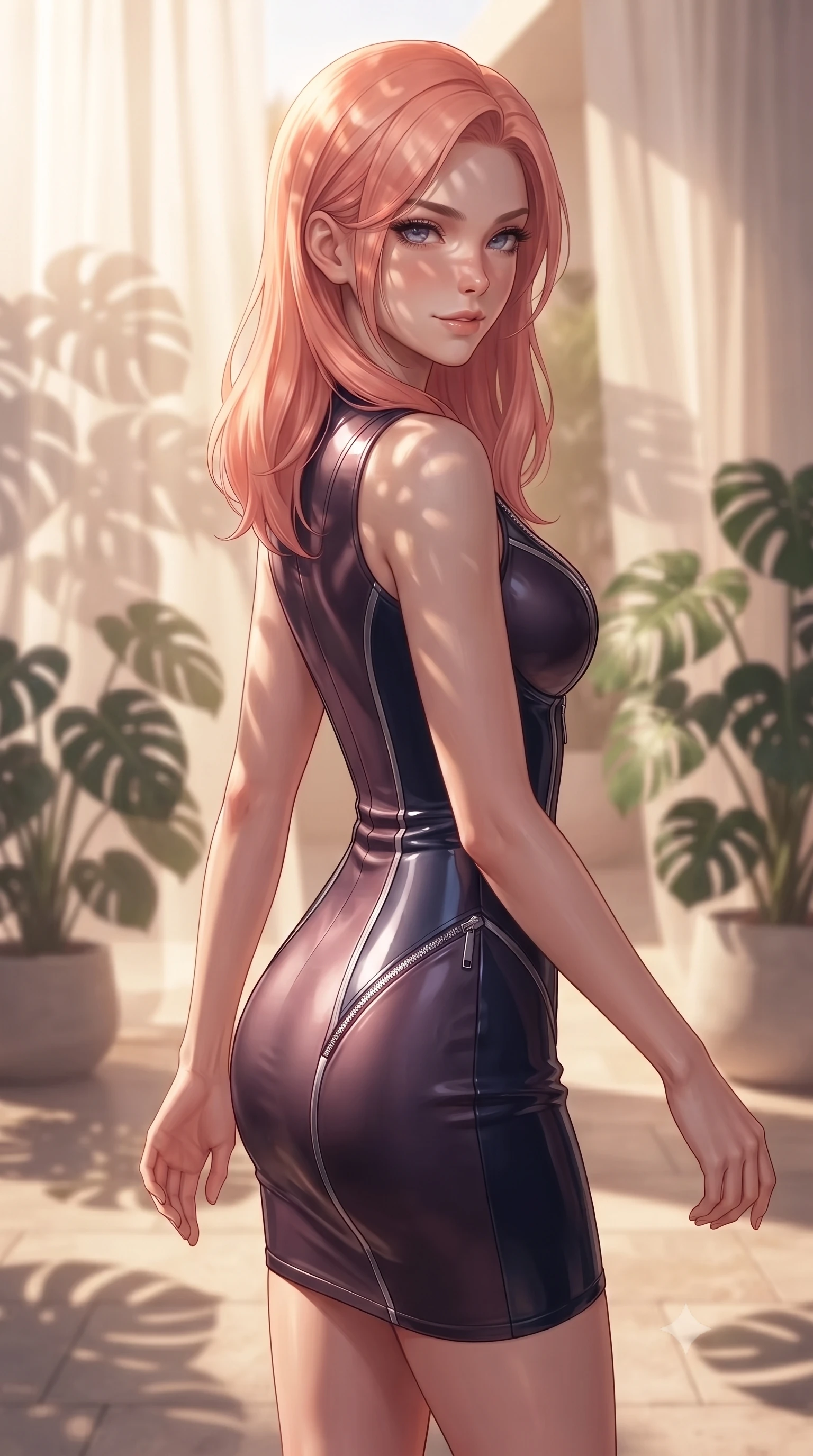 score_9, masterpiece, best quality, ultra-detailed, high-budget anime keyframe, editorial fashion photography, tasteful artistic composition, Japanese woman. close-up cowboy shot from the waist and thighs up, the character dominates the composition, filling the frame with her large presence, background elements kept in soft focus. Glancing sidelong over her shoulder with a smoldering, enigmatic half-smile, walking across a warm limestone terrace surrounded by potted tropical monstera leaves, intense volumetric sunbeams filtering through sheer linen casting soft leaf stencil shadows. She has an exceptionally elegant, slender, and willowy female figure with an ultra-slim waist, a gracefully sculpted slender torso, and a refined silhouette. sharp v-shaped jawline, high-bridge nose, intricate jewel-like eyes with depth, thick eyelashes, glossy lips with a natural sheen. wearing glove-like fit dark navy latex bodycon mini dress in dark plum violet, made of liquid dark mercury jersey, finished with metallic silver boning and sleek zipper points, accentuating her gracefully sculpted slender torso. illuminated by bright natural key rays and soft ambient fill light. ultra-reflective glossy finish, specular highlights, metallic sheen, high-contrast stereoscopic depth, volumetric dynamic lighting, 2k, ultra detail, master piece, 9:16 ratio