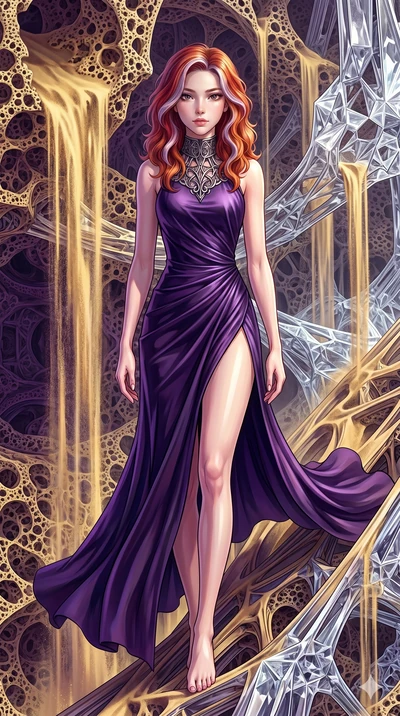 score_9, masterpiece, best quality, ultra-detailed, high-budget anime keyframe, Caucasian woman, strictly human ears. low angle full-body shot filling the entire 9:16 frame with her statuesque presence, stretching the vertical silhouette. descending 