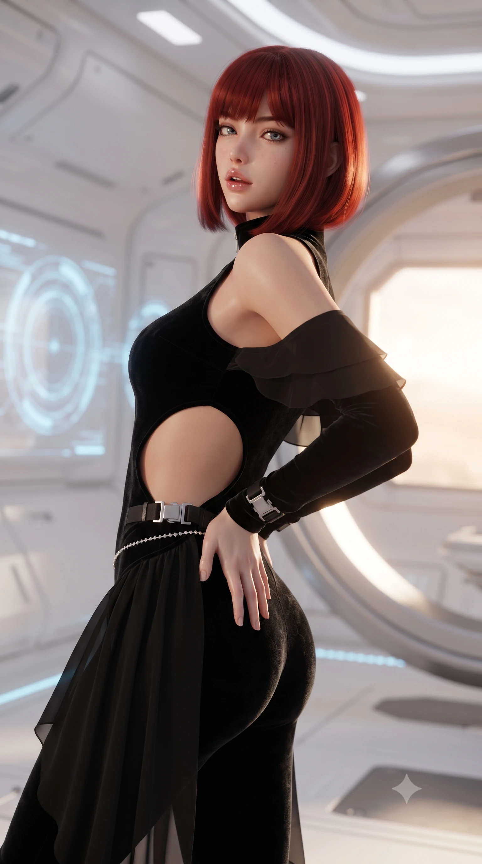 score_9, masterpiece, best quality, ultra-detailed, high-budget anime keyframe, editorial fashion photography, tasteful artistic composition, Caucasian woman. close-up cowboy shot from the waist and thighs up, the character dominates the composition, filling the frame with her large presence. posing in an alluring rear three-quarter angle, arching her lower back in a pronounced S-curve with one hand on her hip, glancing seductively over her bare shoulder with parted glossy lips while floating weightlessly beside an architectural titanium lounge ring, arching her spine in a fluid, dancer-like line as orbital sunrise floods her silhouette. The composition keeps background elements in soft focus with creamy bokeh. sleek white space station bulkheads and glowing telemetry rings softened in futuristic shallow focus. She has an exceptionally elegant, slender, and willowy female figure with an ultra-slim waist, flat toned midriff, narrow ribcage, and sculpted feminine hips creating an alluring, slim hourglass silhouette without bulk. sharp v-shaped jawline, high-bridge nose, intricate jewel-like eyes with depth, thick eyelashes, glossy parted lips with a natural sheen, intensely captivating and seductive bedroom-eyes expression, flawlessly proportioned anatomical accuracy, strict slender model proportions, natural body alignment, perfectly sculpted long slender limbs, ultra-slim waistline, clean dynamic posture without body distortion. wearing a high-collar speedsuit featuring bold side-torso cutouts and quick-release titanium buckles in pitch-black velvet with diamond crystal trim, woven from layered gossamer chiffon with a weightless sweeping drape, accented with a dainty diamond waist chain catching the ambient light reflections, the form-contouring material adhering flawlessly to her sculpted flat midriff and slender torso, emphasizing her long leg lines and perfectly proportioned willowy build. surrounded by a celestial, sovereign, and breathlessly magnificent orbital empress aura. ultra-reflective glossy finish, specular highlights, rich textural contrasts, high-contrast stereoscopic depth, volumetric dynamic lighting, 2k, ultra detail, master piece, 9:16 ratio