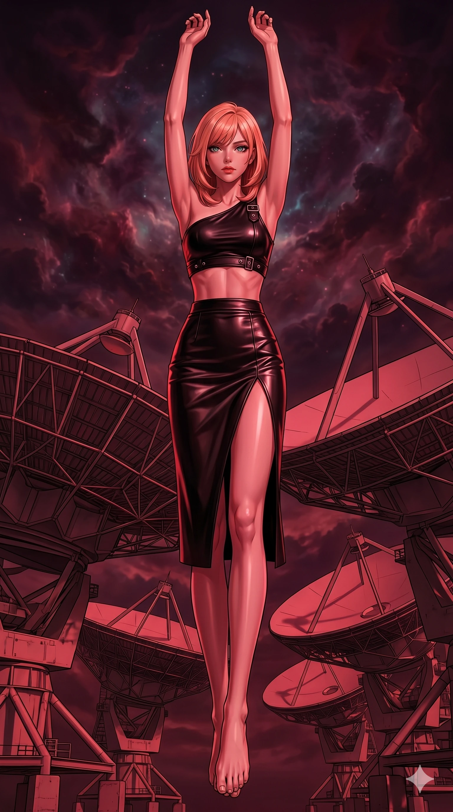 score_9, masterpiece, best quality, ultra-detailed, high-budget anime keyframe, editorial fashion photography, tasteful artistic composition, Japanese woman. low angle full-body shot from head to toe showing her feet, filling the entire 9:16 vertical frame with her statuesque presence, stretching her vertical silhouette. Leaping upward with both arms extended overhead, body fully extended amidst an array of giant satellite dishes pointing at a sky filled with nebula clouds. She has an absolutely perfect 8-heads proportion, an exceptionally tall and slender female figure with impossibly long slender legs and an ultra-slim waist. V-shaped jawline, high-bridge nose, intricate jewel-like eyes with depth, thick eyelashes, glossy lips with a natural sheen. wearing a one-shoulder black leather crop top with silver hardware, paired with a matching high-waist midi skirt with a high front slit. drenched in deep crimson theatrical lighting with sharp specular highlights on every curve. 2k, ultra detail, master piece, 9:16 ratio
