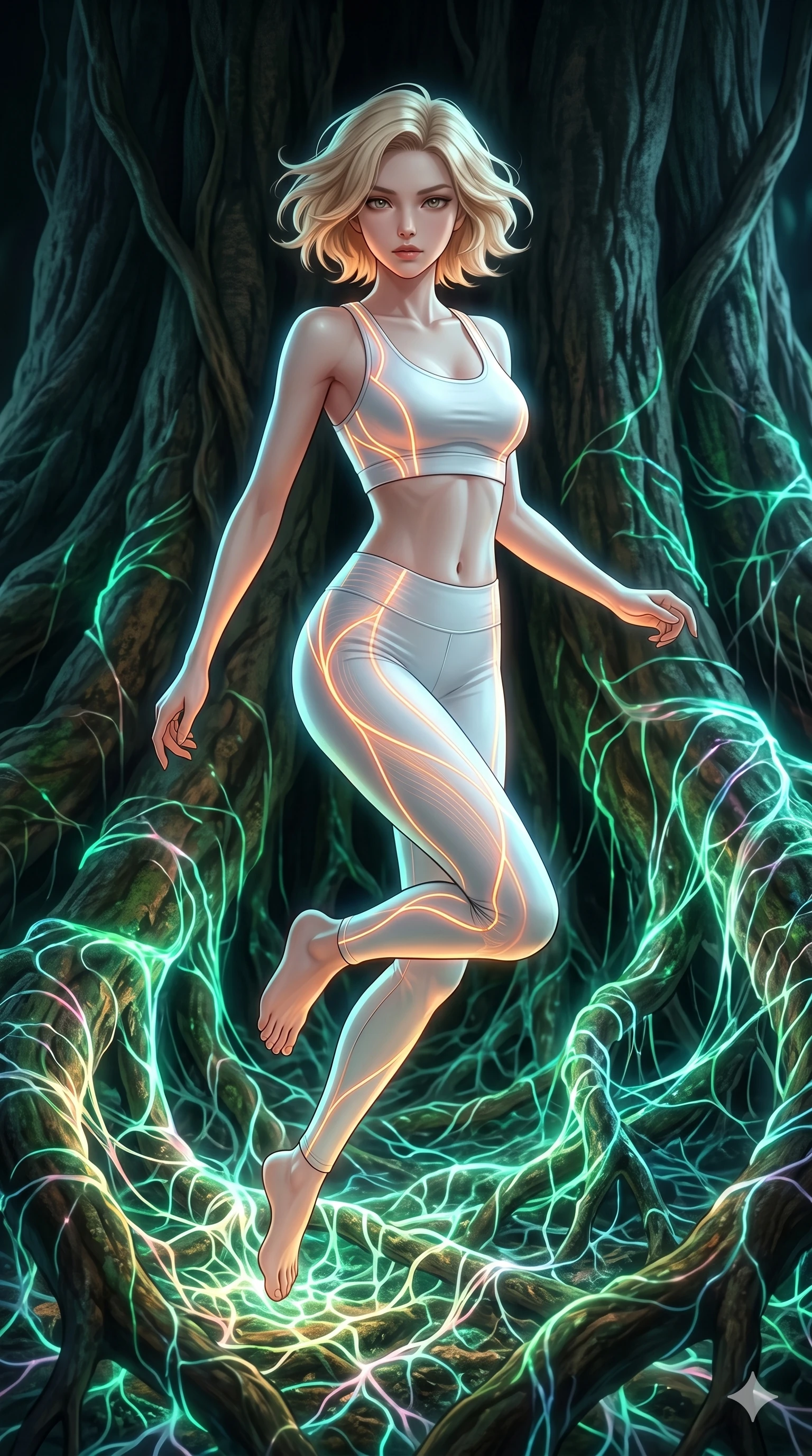 score_9, masterpiece, best quality, ultra-detailed, high-budget anime keyframe, Korean woman. upper body close-up from the thighs up, character filling the screen for maximum presence. jumping amidst giant ancient tree roots wrapped in trillions of glowing mycelium threads pulsing with emerald and opal light. She has an absolutely perfect 8-heads proportion, an exceptionally tall and slender female figure with impossibly long slender legs and an ultra-slim waist. V-shaped jawline, high-bridge nose, intricate jewel-like eyes with depth, thick eyelashes, glossy lips with a natural sheen.. wearing a neon filament athleisure set, featuring a tight white crop top and matching leggings woven with glowing orange neon filaments, highlighting her slender body contour. lit by a soft glowing ambient light and a sharp side key light that traces the sleek contours of her athletic build. 2k, ultra detail, master piece, 9:16 ratio