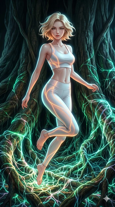 score_9, masterpiece, best quality, ultra-detailed, high-budget anime keyframe, Korean woman. upper body close-up from the thighs up, character filling the screen for maximum presence. jumping amidst giant ancient tree roots wrapped in trillions of g