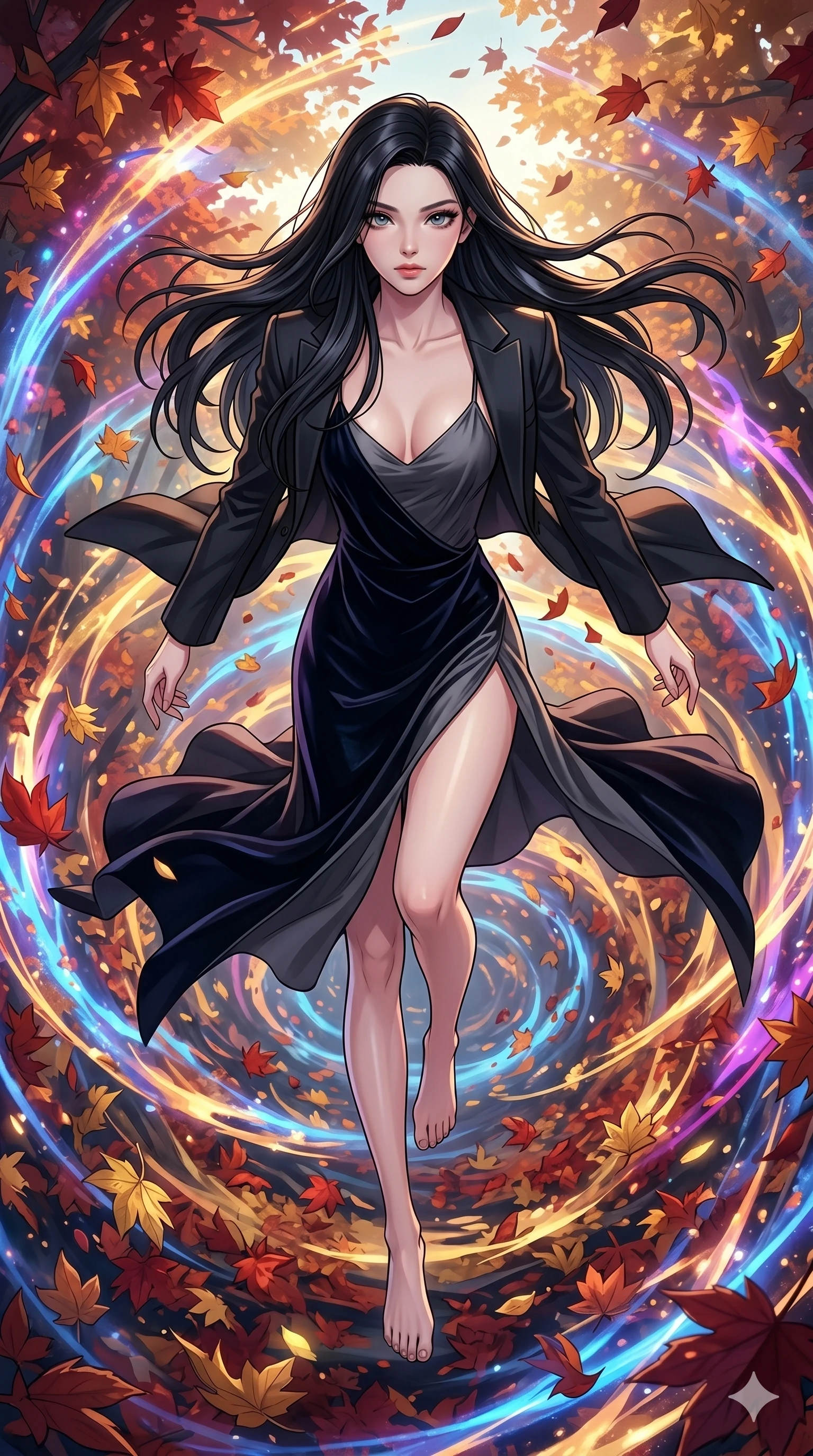 score_9, masterpiece, best quality, ultra-detailed, high-budget anime movie keyframe, cinematic anime lighting, intricate line art, Japanese anime girl. Extreme high angle shot as she leaps towards the camera, filling the frame. diving into a vortex of swirling autumn leaves and magical energy. She has an absolutely perfect 8-heads proportion, an exceptionally tall and slender female figure with an ultra-slim waist and impossibly long slender legs. strictly human anatomy, two legs only, no extra limbs, clearly defined legs and arms, perfect anatomy, perfect hands and fingers. sharp v-shaped jawline, high-bridge nose, intricate jewel-like eyes, thick eyelashes, glossy lips. Wearing High-Fashion Editorial: Silk slip dress with high side slit, backless velvet gown, and structured blazer with nothing underneath. The scene is illuminated by dramatic atmospheric lighting and vibrant color palettes. , 2k, ultra detail, master piece, 9:16 ratio