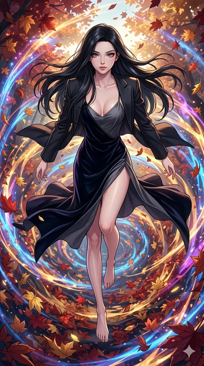 score_9, masterpiece, best quality, ultra-detailed, high-budget anime movie keyframe, cinematic anime lighting, intricate line art, Japanese anime girl. Extreme high angle shot as she leaps towards the camera, filling the frame. diving into a vortex 