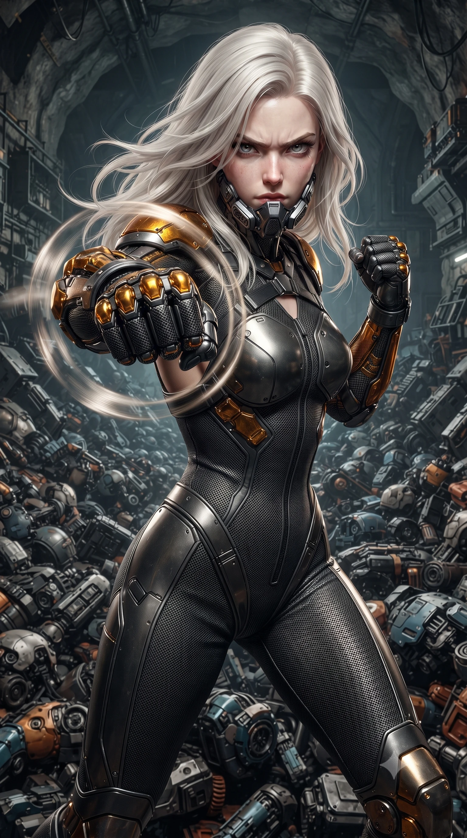 score_9, masterpiece, best quality, ultra-detailed, high-budget anime keyframe, editorial fashion photography, tasteful artistic composition, Caucasian woman. close-up cowboy shot from the waist and thighs up, the character dominates the composition, filling the frame with her large presence. thrusting a high-speed kinetic punch toward the camera, a visible conical shockwave distortion wrapping around her armored forearm while standing poised atop a mountain of discarded cybernetic android chassis in a vast subterranean industrial cavern. The surrounding environment is rendered in vivid detail and crisp panoramic clarity. high-contrast industrial chiaroscuro and gritty cyberpunk scrapheap aesthetics captured with sharpness. She has an exceptionally elegant, slender, and willowy female figure with an ultra-slim waist, a gracefully sculpted slender torso, toned flat midriff, and a refined slim silhouette. sharp v-shaped jawline, high-bridge nose, intricate jewel-like eyes with depth, thick eyelashes, glossy lips with a natural sheen, fierce and resolute heroine expression, flawlessly proportioned anatomical accuracy, strict slender model proportions, natural body alignment, perfectly sculpted long slender limbs, ultra-slim waistline, clean dynamic posture without body distortion. wearing a sleek titanium half-face combat rebreather guard protecting her lower jaw while leaving her expressive eyes and long hair flowing freely, paired with a tailored tactical combat jumpsuit with an open-back harness design, reinforced composite breastplate, and high-mobility elbow dampers in molten amber-gold carbon cuirass with dark gunmetal weave, tailored from flexible second-skin ballistic carbon-mesh adhering flawlessly to her athletic build, complemented by criss-cross back harness straps highlighting her completely bare spine, the liquid-tight tailored fabric emphasizing every curve of her tall, slender model proportions and sculptured silhouette during dynamic movement. surrounded by a gritty, dangerous, and irresistibly powerful cybernetic queen of the underworld aura. ultra-reflective glossy finish, specular highlights, dark metallic sheen, high-contrast stereoscopic depth, volumetric dynamic lighting, 2k, ultra detail, master piece, 9:16 ratio