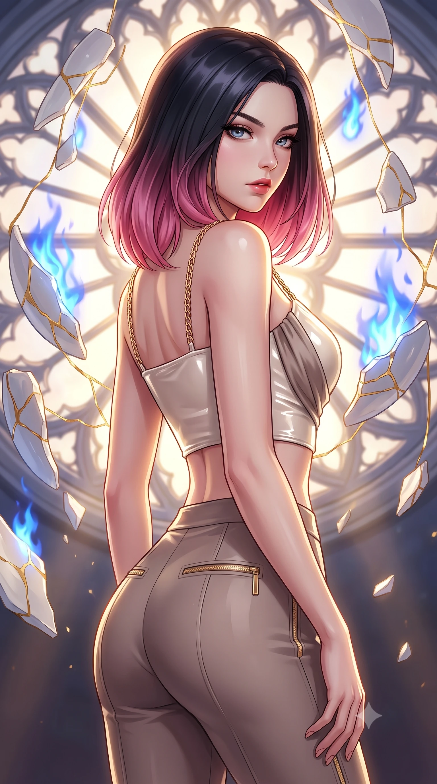 score_9, masterpiece, best quality, ultra-detailed, high-budget anime keyframe, editorial fashion photography, tasteful artistic composition, Korean woman. close-up cowboy shot from the waist and thighs up, the character dominates the composition, filling the frame with her large presence, background elements kept in soft focus. Pivoting sharply while looking back over her shoulder with heavy lashes and a confident, intense gaze while pivoting dynamically in front of a giant porcelain rose window emitting sapphire flames, golden light threads binding broken ceramic pieces in dynamic orbital motion. She has an exceptionally elegant, slender, and willowy female figure with an ultra-slim waist, a gracefully sculpted slender torso, and a refined silhouette. sharp v-shaped jawline, high-bridge nose, intricate jewel-like eyes with depth, thick eyelashes, glossy lips with a natural sheen, flawlessly proportioned anatomical accuracy, natural body alignment, perfectly sculpted elegant limbs, clean dynamic posture without body distortion. wearing a glossy vinyl crop top and high-waist tailored leggings with sleek zippers in muted taupe and soft ivory, crafted from lustrous satin jersey with fluid draping, adorned with delicate metallic chain straps along the neckline, the elegant draped fit framing her graceful clavicle and slender torso. bathed in radiant golden kintsugi light radiating from ceramic cracks. highly saturated vibrant anime colors, detailed shading with soft gradients, rich glossy textures, high-contrast stereoscopic depth, volumetric dynamic lighting, master piece, 9:16 ratio