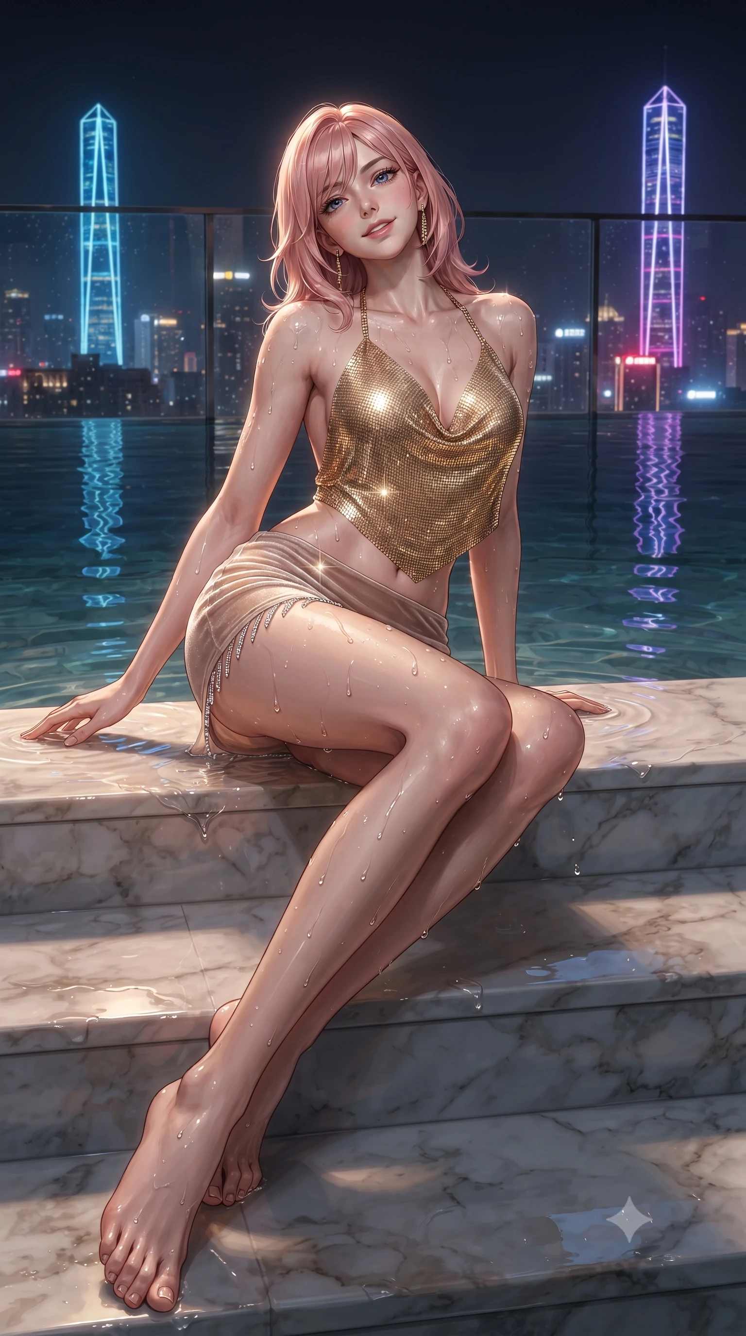 score_9, masterpiece, best quality, ultra-detailed, high-budget anime keyframe, editorial fashion photography, tasteful artistic composition, Japanese woman. low angle full-body shot from head to toe showing her feet, filling the entire 9:16 vertical frame with her statuesque presence, stretching her vertical silhouette. sitting poised on the marble pool stairs with water lapping at her thighs, arching her spine with supermodel elegance as she glances upward through thick eyelashes while lounging languidly on a floating white daybed with legs crossed, one hand trailing in the warm water while casting an intoxicating bedroom-gaze toward the camera. The surrounding environment is rendered in vivid detail and crisp panoramic clarity: sharp glass infinity edge rim reflections, water droplet bead clarity on skin, and crystalline neon tower lights in deep focus. She has an absolutely perfect, statuesque 8.5-heads proportion, an exceptionally tall and slender model-like female figure with impossibly long slender legs, an ultra-slim waist, a flat toned midriff, narrow delicate ribcage, and beautifully sculpted feminine hips creating a graceful, slim hourglass silhouette without any bulky heaviness. sharp v-shaped jawline, high-bridge nose, sparkling eyes with hypnotic seductive depth, thick curled eyelashes, glossy parted lips with a natural dewy peach sheen, alluring bedroom-eyes with an enchanting coquettish smile, exuding magnetic siren charisma and sophisticated high-fashion glamour, flawlessly proportioned anatomical accuracy, strict slender model proportions, natural body alignment, perfectly sculpted long slender limbs, ultra-slim waistline, clean dynamic posture without body distortion. wearing a liquid gold chainmail halter cowl top paired with an ultra-low-rise velvet mini skirt in sheer dusky champagne and glistening crystal trims, tailored from ultra-plush velvet with rich tactile depth and deep shadow gradients, finished with glistening drops of pool water beading across her sculpted shoulders and collarbones, the glove-like clinging cut tightly following the natural contour of her hips and long slender legs with youthful 8.5-heads elegance. illuminated by city skyline specular reflections and sharp platinum rim lights accentuating her razor-sharp jawline, narrow waist, and curvy hips. ultra-reflective glossy finish, specular highlights, rich textural contrasts, high-contrast stereoscopic depth, volumetric dynamic lighting, 2k, ultra detail, master piece, 9:16 ratio